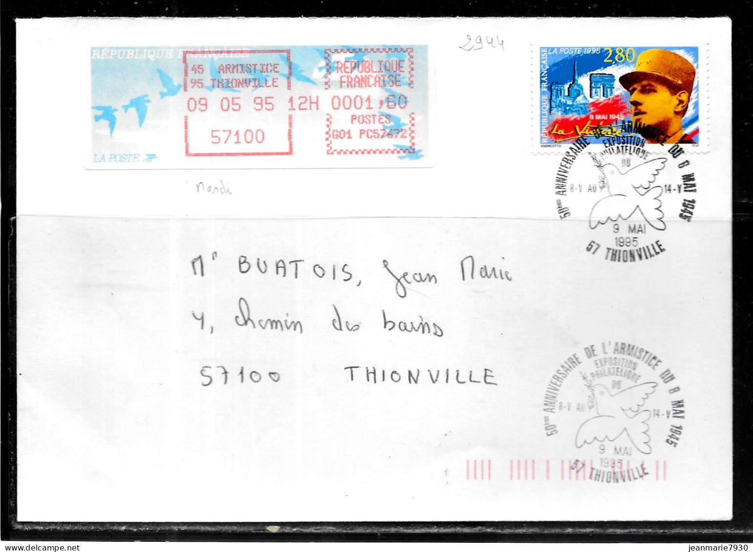 F255 - TIMBRE DE DISTRIBUTEUR Et N° 2944 SUR LETTRE DE THIONVILLE DU 09/05/95 - 50ème ANNIVERSAIRE DE LA LIBERATION - 1990 Type « Oiseaux De Jubert »