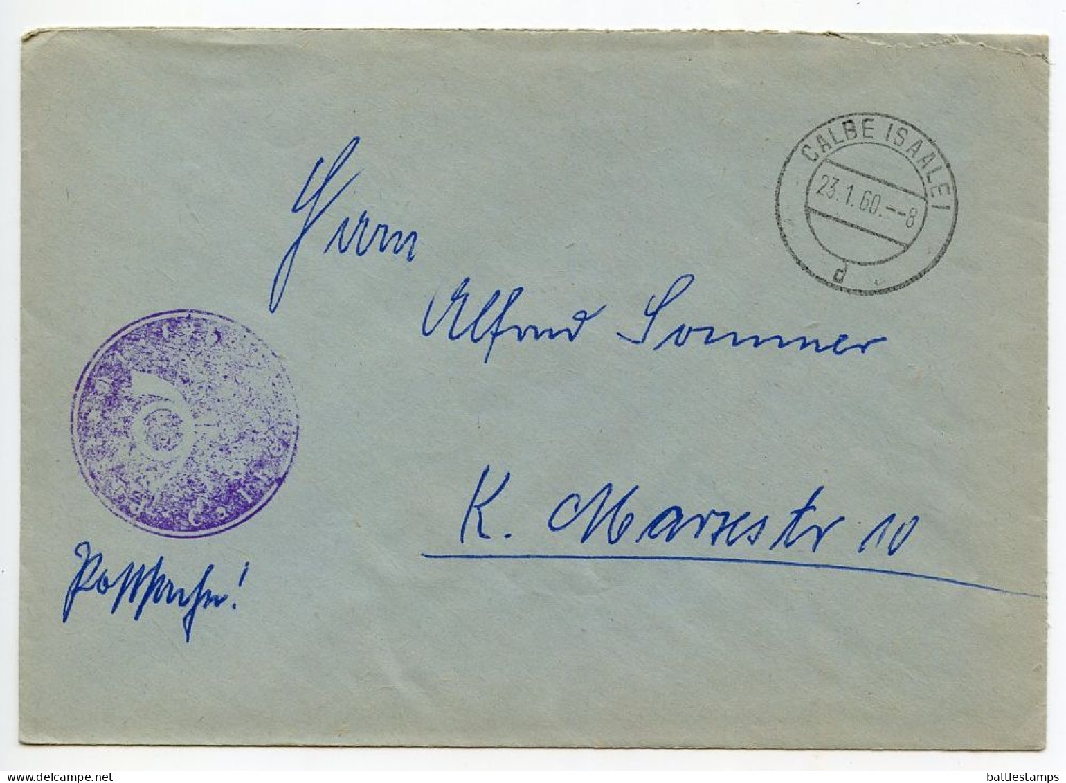 Germany, East 1960 Cover; Calbe (Saale) - Handstamp With Post Horn (Deutsche Post?) - Briefe U. Dokumente