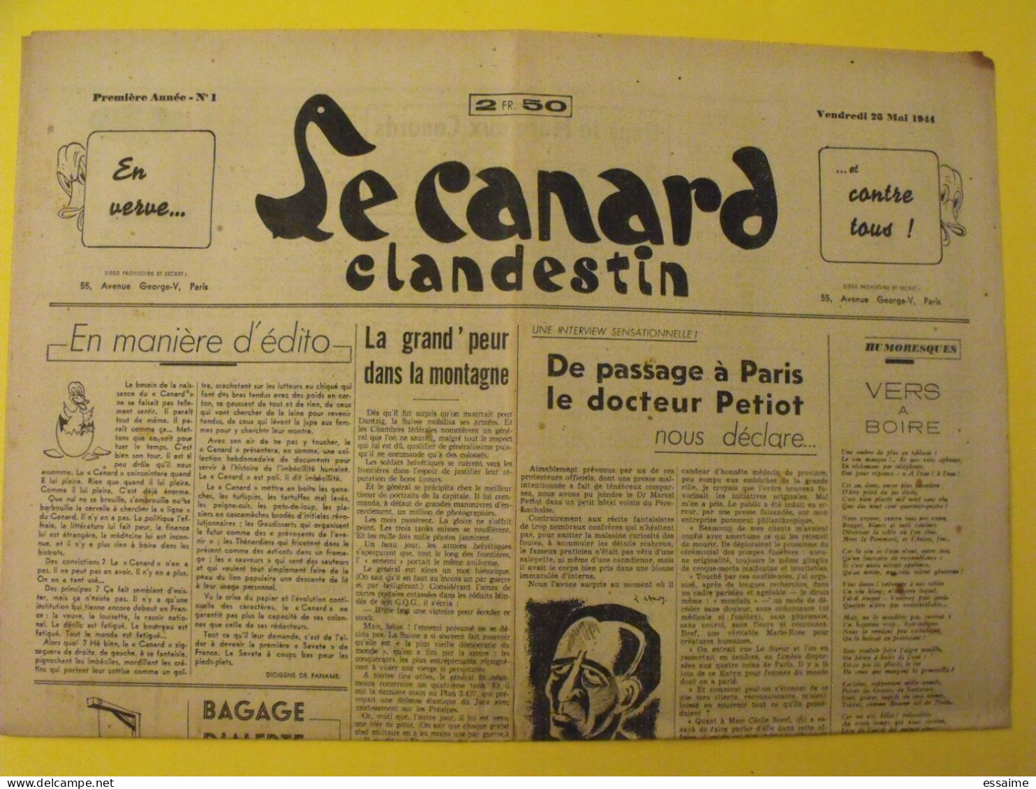 Le Canard Clandestin. Pastiche Collaborationniste  Du Canard Enchaîné N° 1 Du 26 Mai 1944. Collaboration Petiot Guerre - Guerra 1939-45