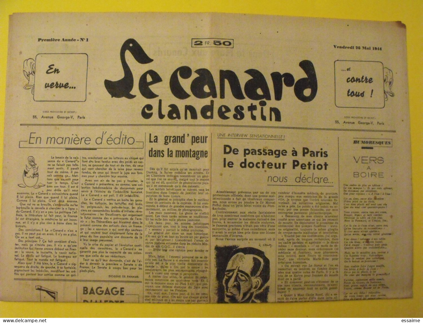 Le Canard Clandestin. Pastiche Collaborationniste  Du Canard Enchaîné N° 1 Du 26 Mai 1944. Collaboration Petiot Guerre - Weltkrieg 1939-45