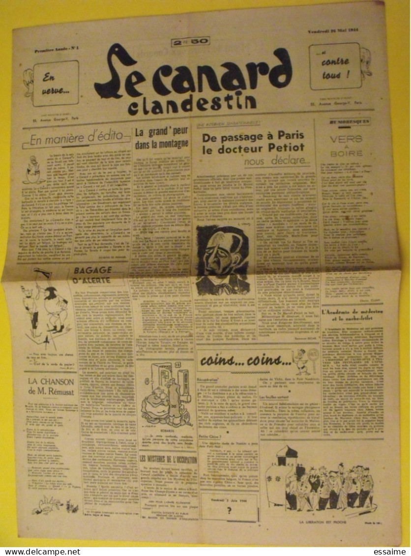 Le Canard Clandestin. Pastiche Collaborationniste  Du Canard Enchaîné N° 1 Du 26 Mai 1944. Collaboration Petiot Guerre - War 1939-45