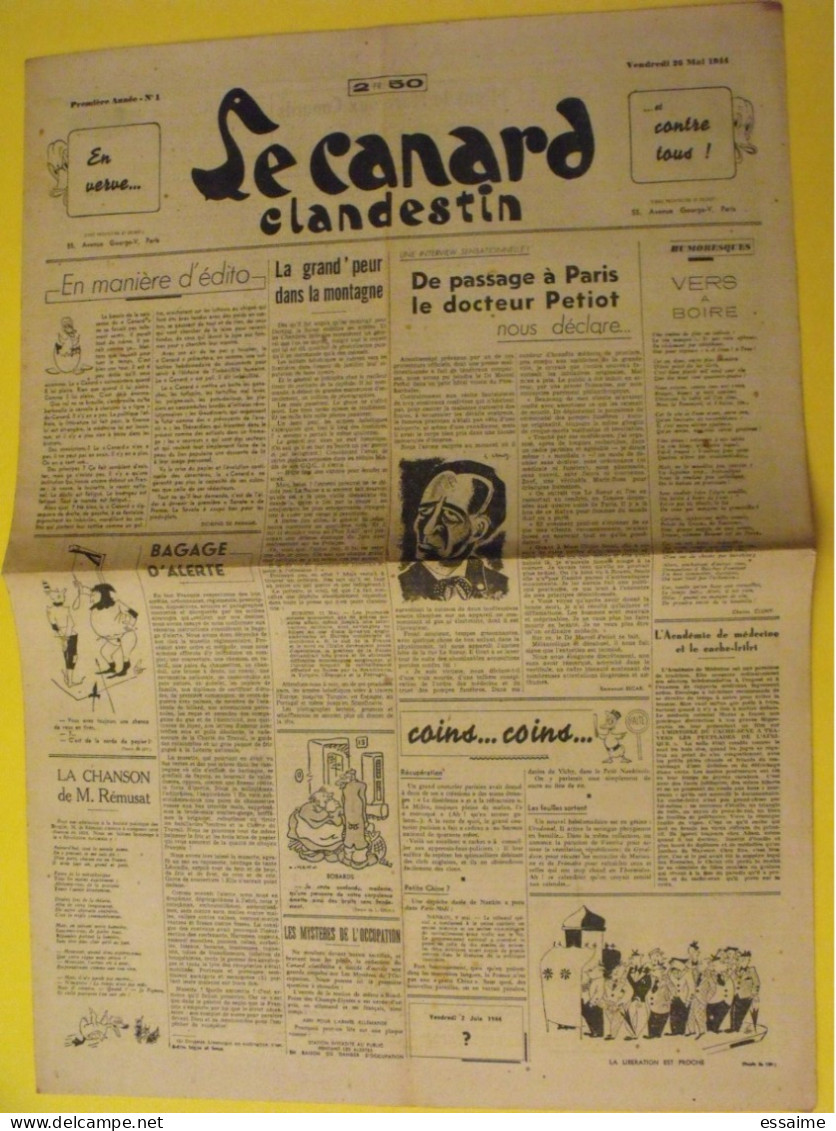 Le Canard Clandestin. Pastiche Collaborationniste  Du Canard Enchaîné N° 1 Du 26 Mai 1944. Collaboration Petiot Guerre - Guerra 1939-45