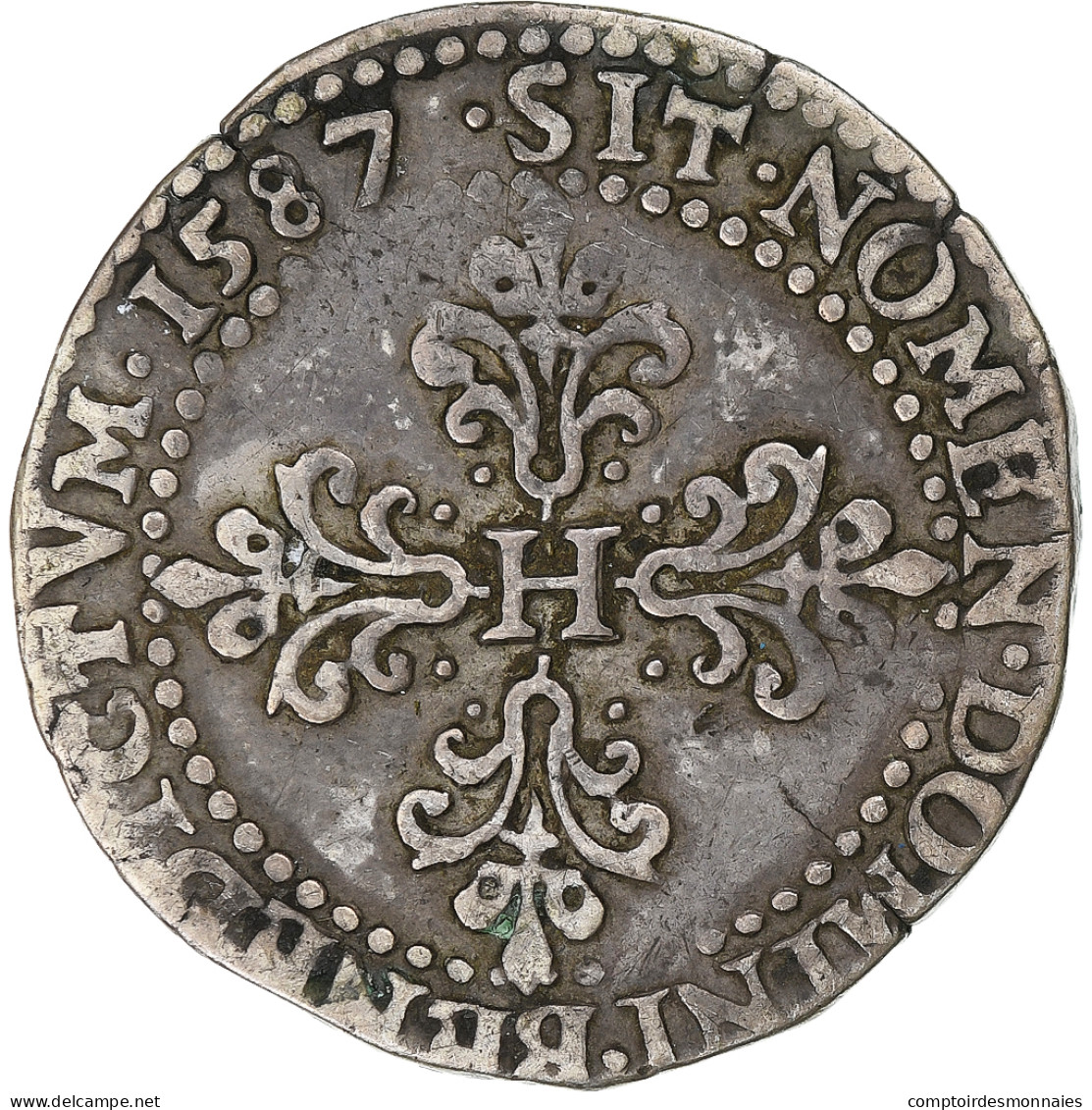 France, Henri III, 1/2 Franc Au Col Plat, 1587, Rouen, Faux D'époque, Billon - 1574-1589 Henri III