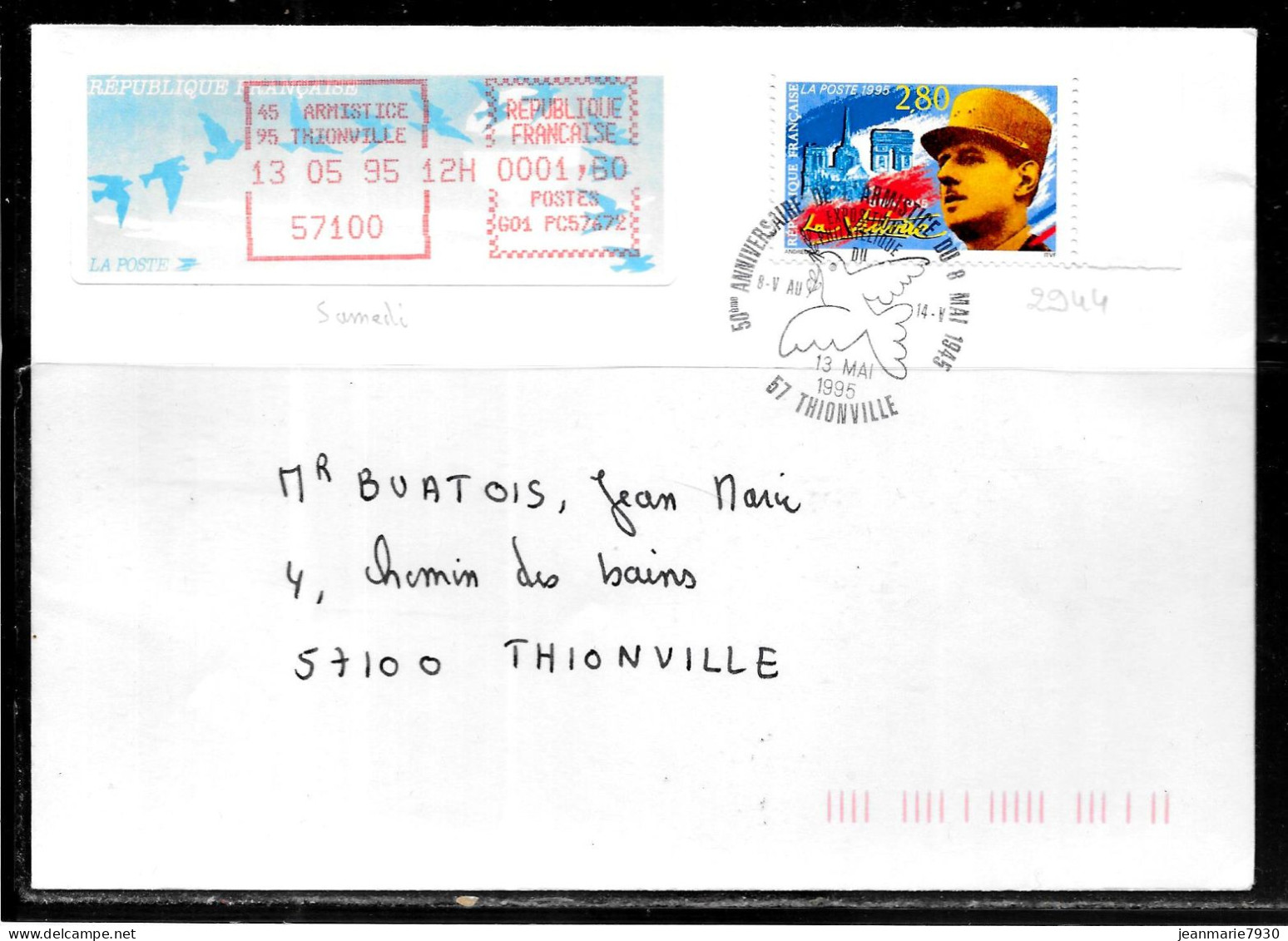 F251 - TIMBRE DE DISTRIBUTEUR Et BdF N° 2944 SUR LETTRE DE THIONVILLE DU 13/05/95 - 50ème ANNIVERSAIRE DE LA LIBERATION - 1990 Type « Oiseaux De Jubert »