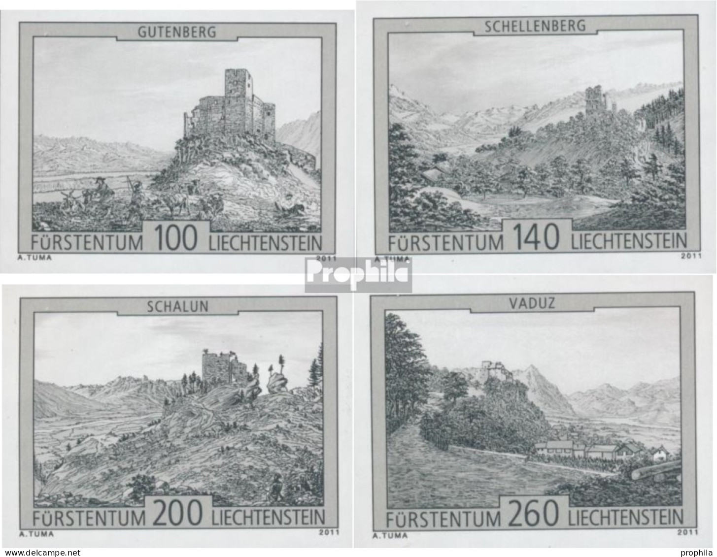 Liechtenstein 1610S-1613S (kompl.Ausg.) Schwarzdruck Postfrisch 2011 Burgen - Unused Stamps