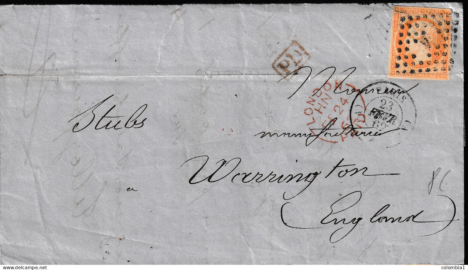 Lettre De PARIS " A La Flotte D'Angleterre" Du 23 Février 1862 Via WARINGTON - 1862 Napoleone III