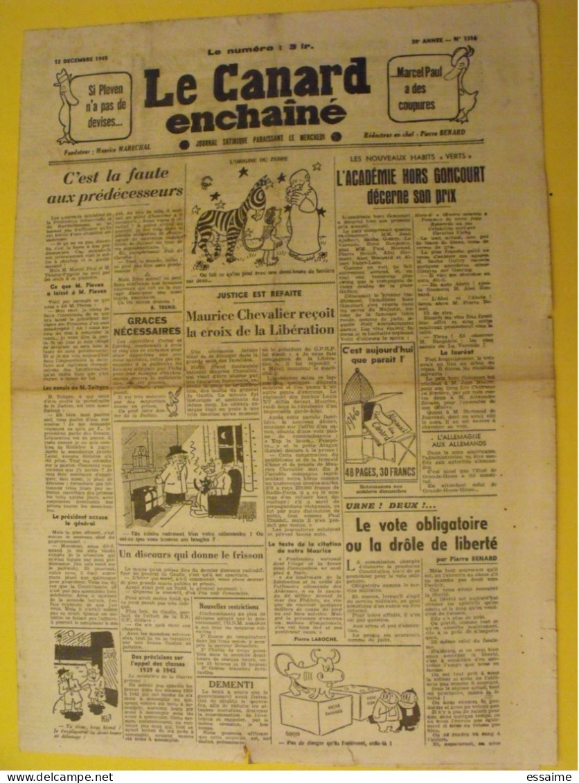 Le Canard Enchaîné N° 1316 Du 12 Décembre 1945. Maurice Chevalier Goncourt Pleven épuration - Guerra 1939-45