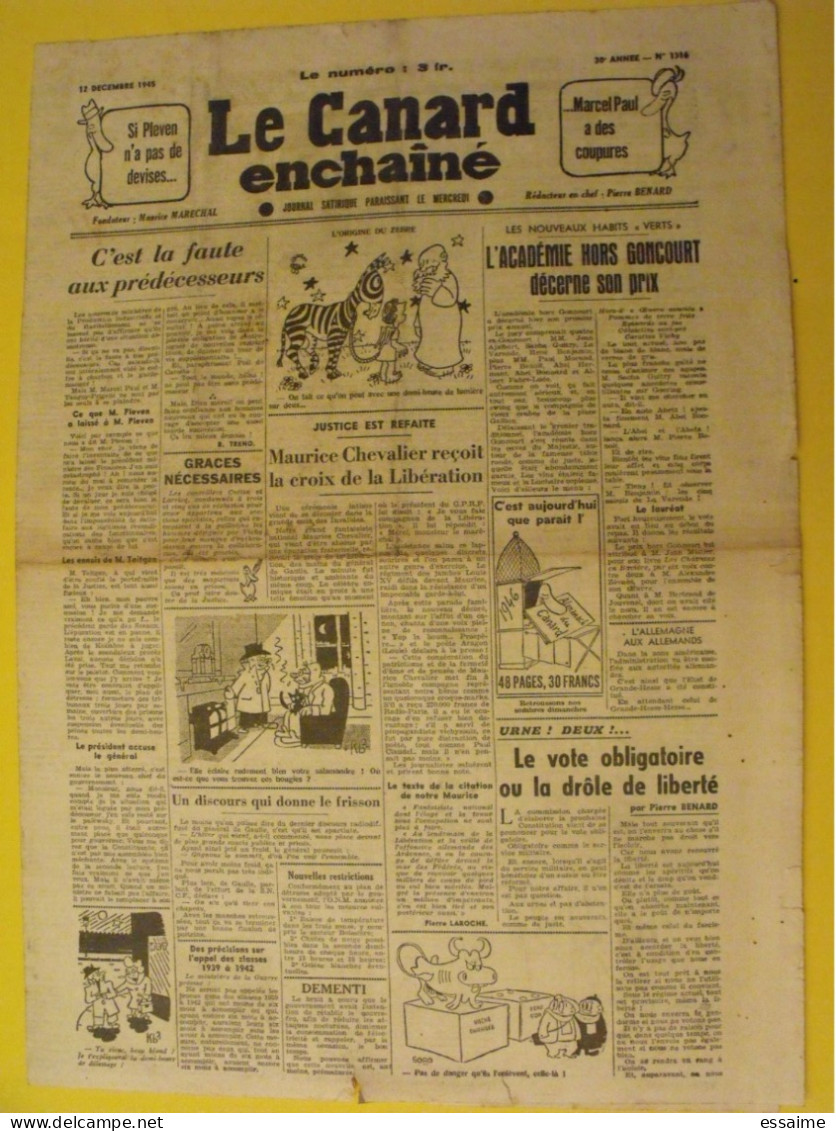 Le Canard Enchaîné N° 1316 Du 12 Décembre 1945. Maurice Chevalier Goncourt Pleven épuration - Weltkrieg 1939-45