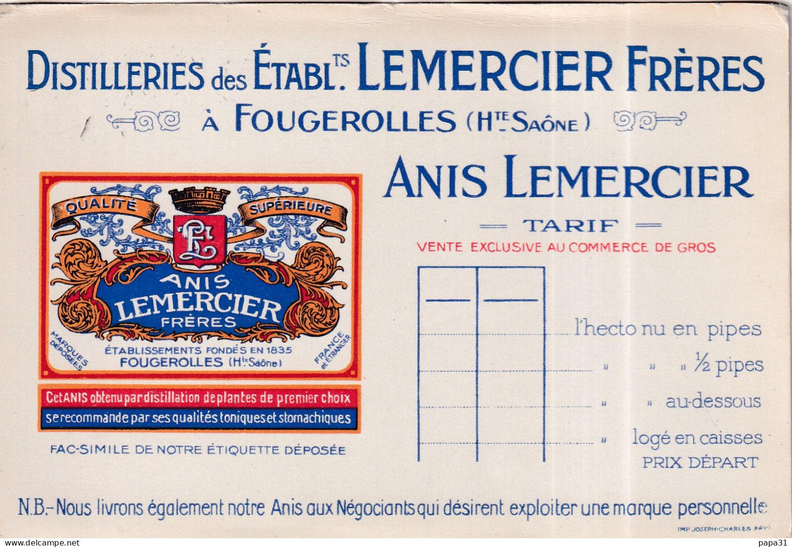 DISTILLERIES Des Etablissements LEMERCIER FRERES  à FOUGEROLLES   - Anis Lemercier - Altri & Non Classificati