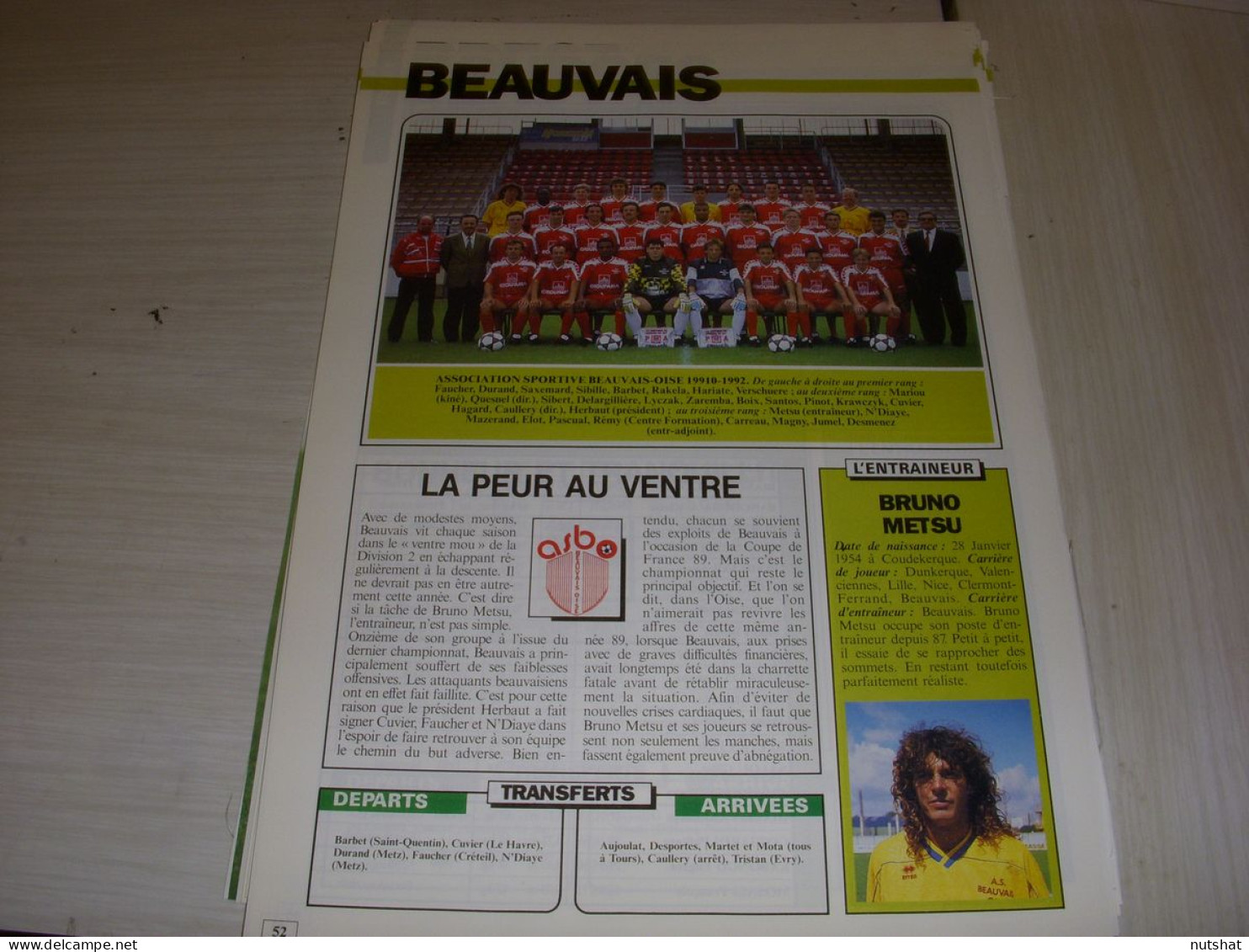 FOOTBALL COUPURE COULEUR 1991-1992 18x12 EQUIPE D2A BEAUVAIS  - Sport