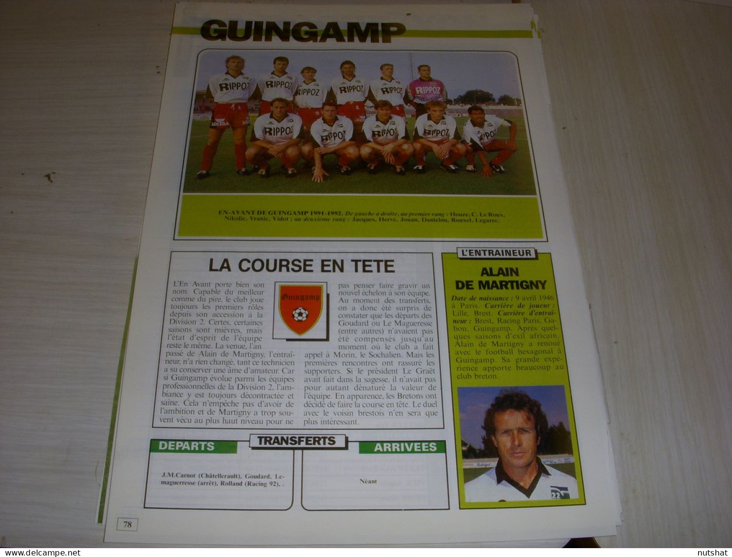 FOOTBALL COUPURE COULEUR 1991-1992 18x12 EQUIPE D2A GUINGAMP  - Sport