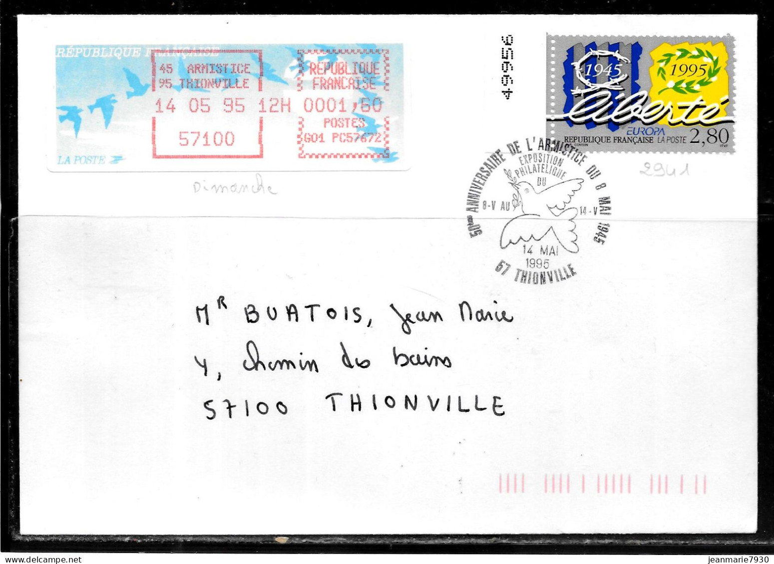 F248 - TIMBRE DE DISTRIBUTEUR Et BdF N° 2941 SUR LETTRE DE THIONVILLE DU 14/05/95 - 50ème ANNIVERSAIRE DE LA LIBERATION - 1990 « Oiseaux De Jubert »