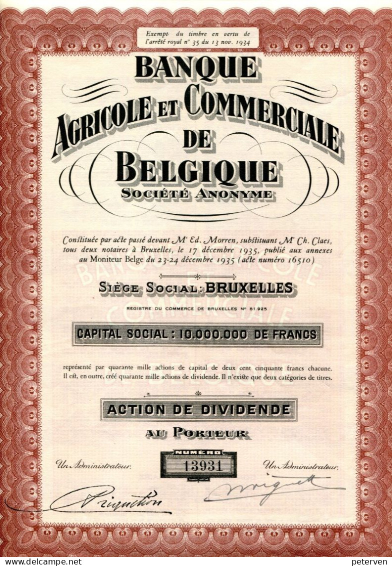 BANQUE AGRICOLE Et COMMERCIALE De BELGIQUE; Action De Dividende - Banco & Caja De Ahorros