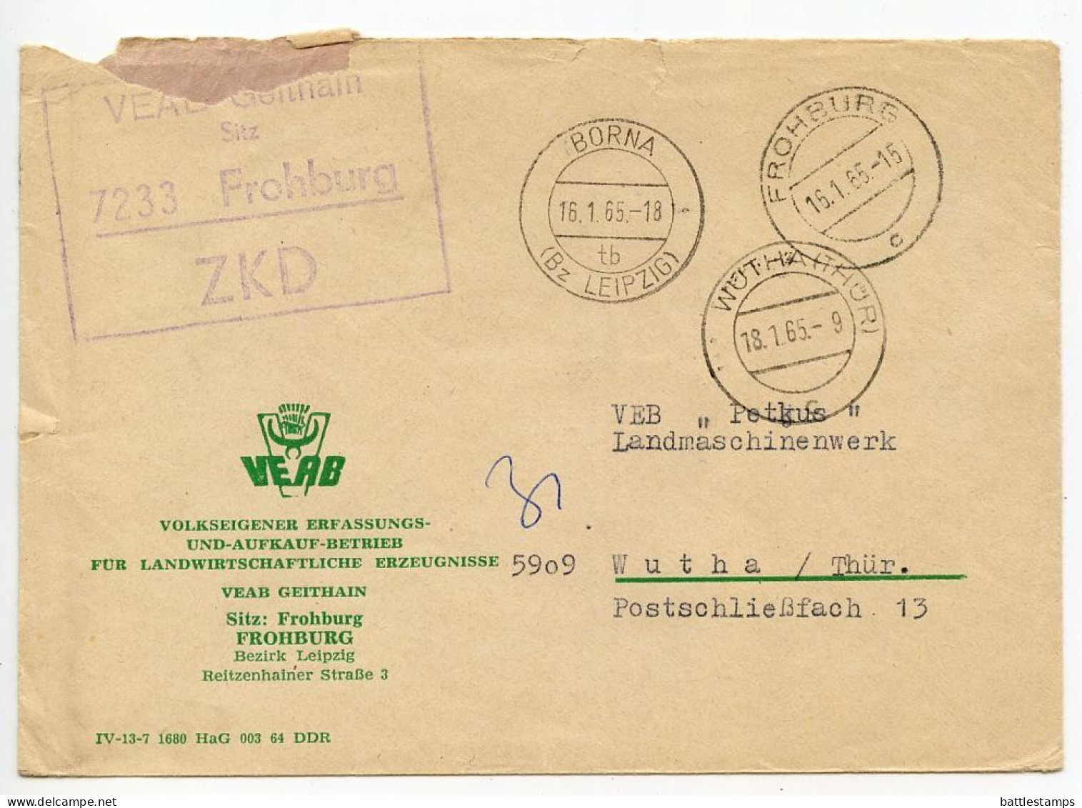 Germany, East 1965 Cover; Frohburg, VEAB To Wutha, VEB Petkus Landmaschinenwerk; ZKD Handstamp - Lettres & Documents