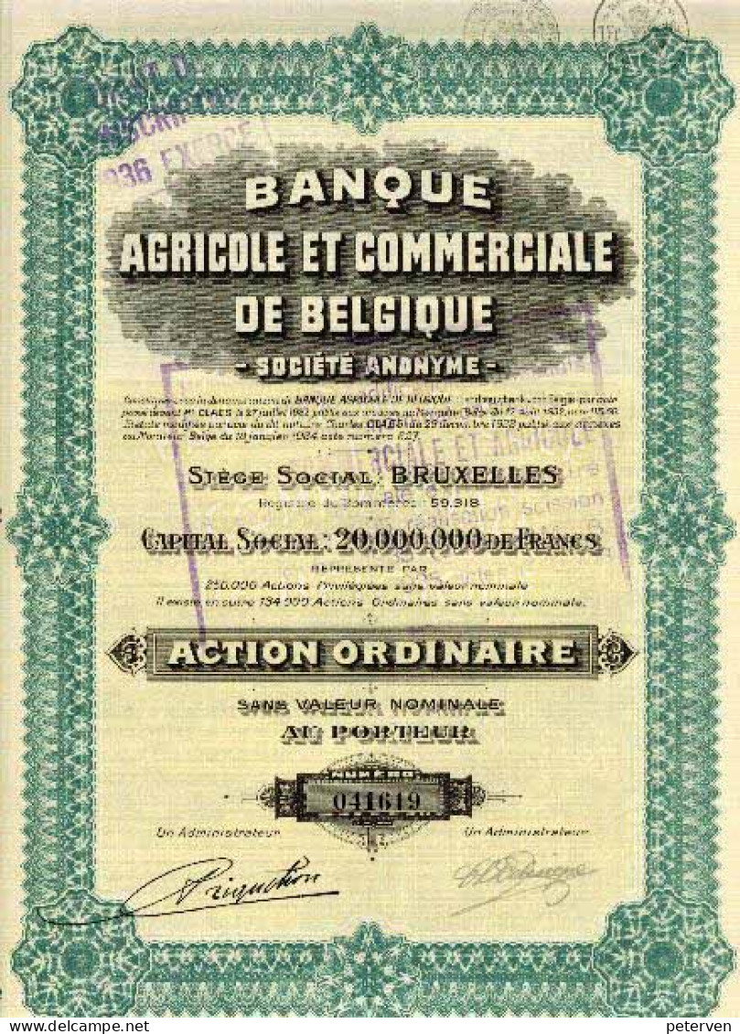 BANQUE AGRICOLE Et COMMERCIALE De BELGIQUE; Action Ordinaire - Banca & Assicurazione