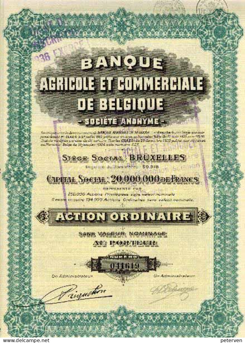 BANQUE AGRICOLE Et COMMERCIALE De BELGIQUE; Action Ordinaire - Bank En Verzekering