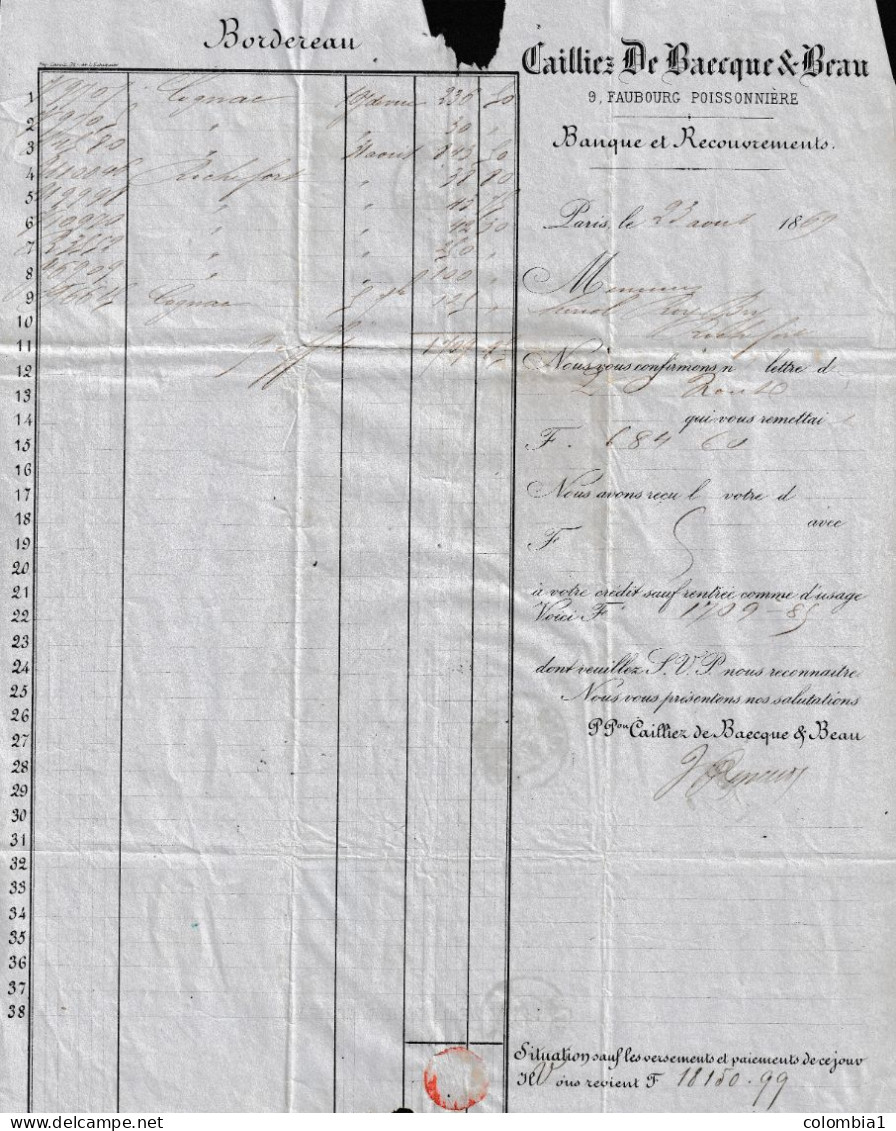 Lettre De PARIS Rue D'Enghien  Du 23 Aout 1869 Via Rochefort Sur Mer - 1863-1870 Napoleon III With Laurels