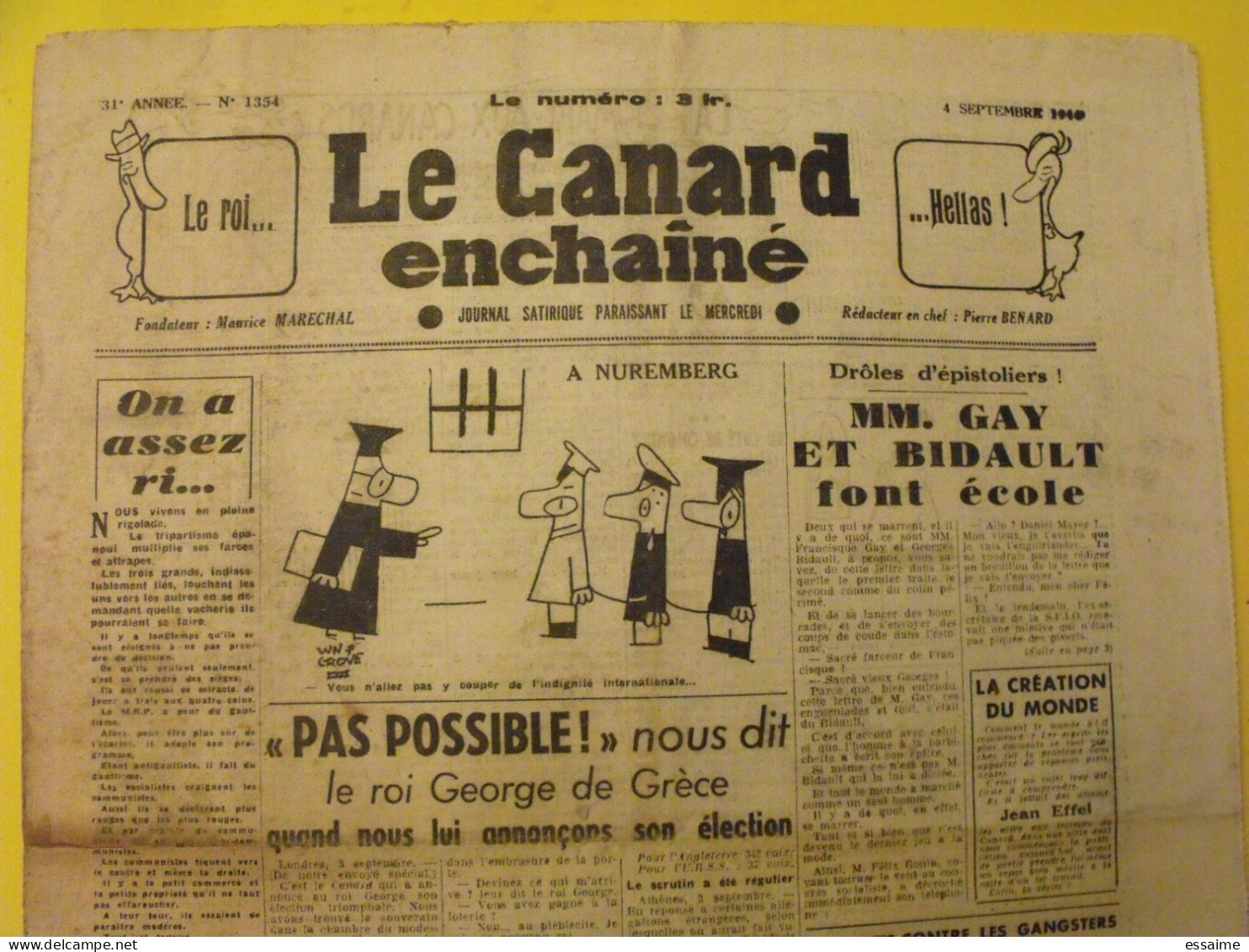 Le Canard Enchaîné N° 1354 Du 4 Septembre 1946. Gay Bidault Nuremberg Grèce Roi George Effel - War 1939-45