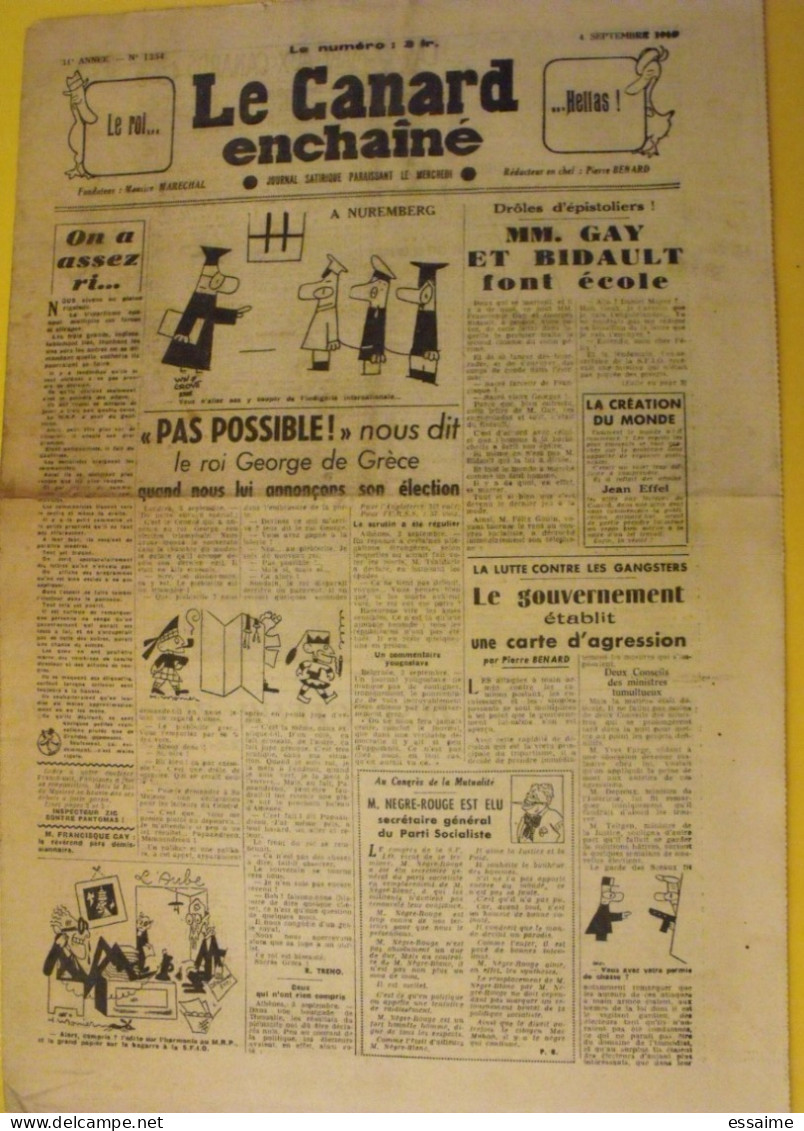 Le Canard Enchaîné N° 1354 Du 4 Septembre 1946. Gay Bidault Nuremberg Grèce Roi George Effel - Guerre 1939-45