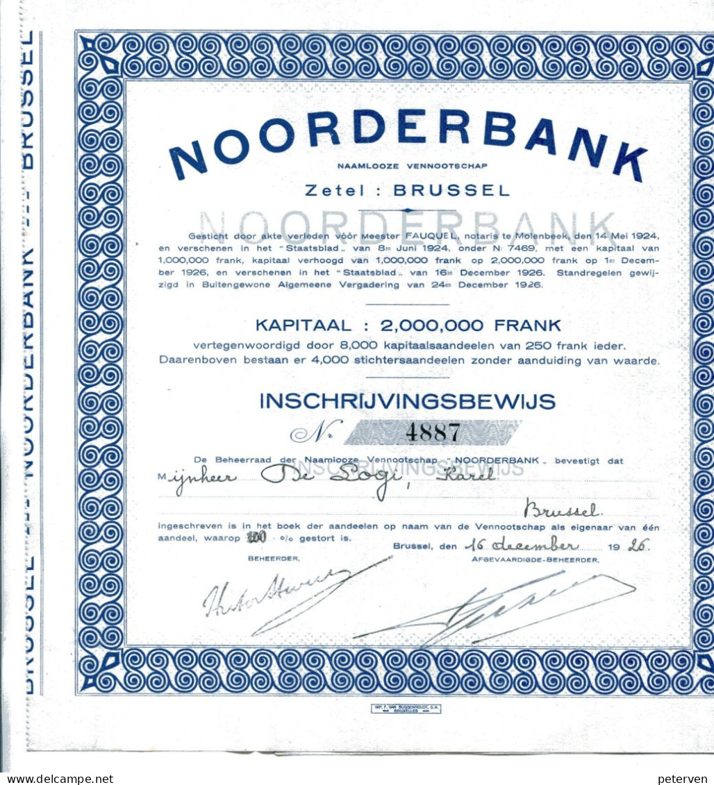 NOORDERBANK; Inschrijvingsbewijs - Banca & Assicurazione