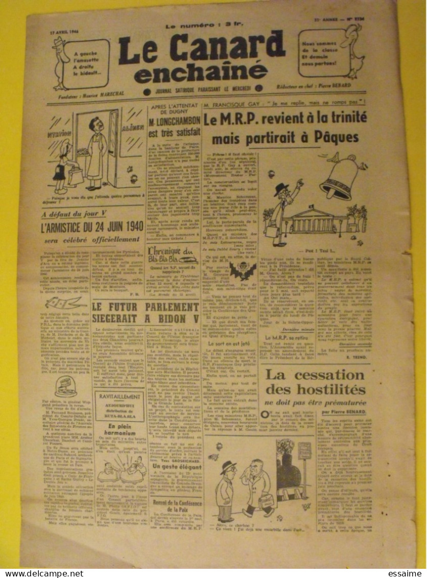 Le Canard Enchaîné N° 1334 Du 17 Avril 1946. MRP Longchambon Benard Gay Bidault - War 1939-45