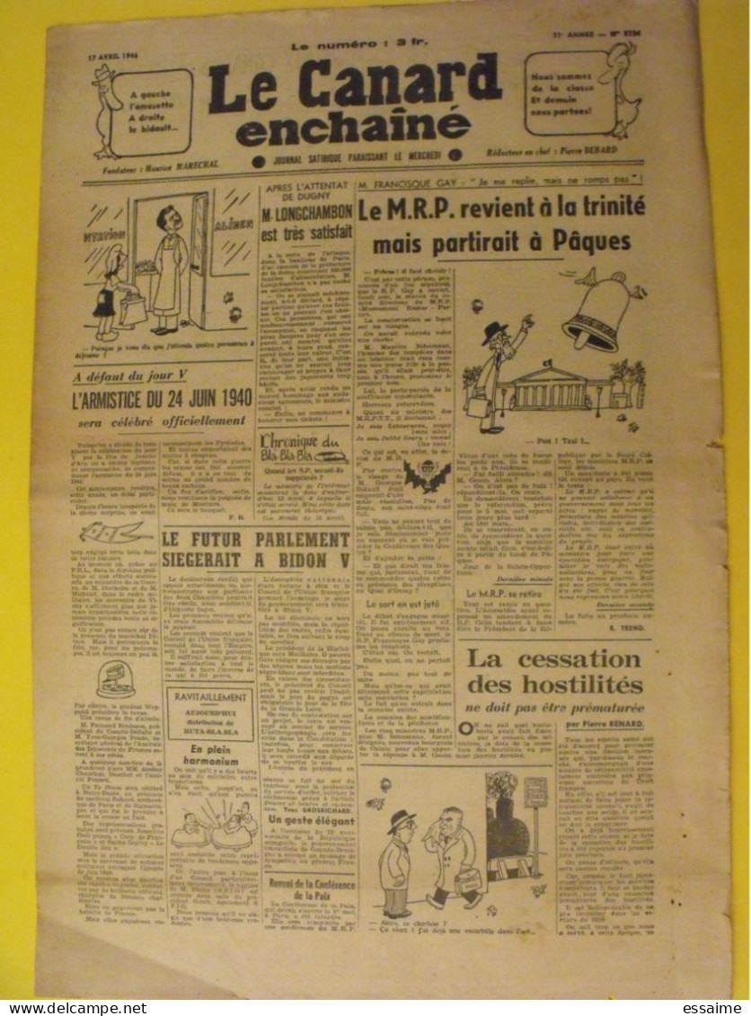 Le Canard Enchaîné N° 1334 Du 17 Avril 1946. MRP Longchambon Benard Gay Bidault - Oorlog 1939-45
