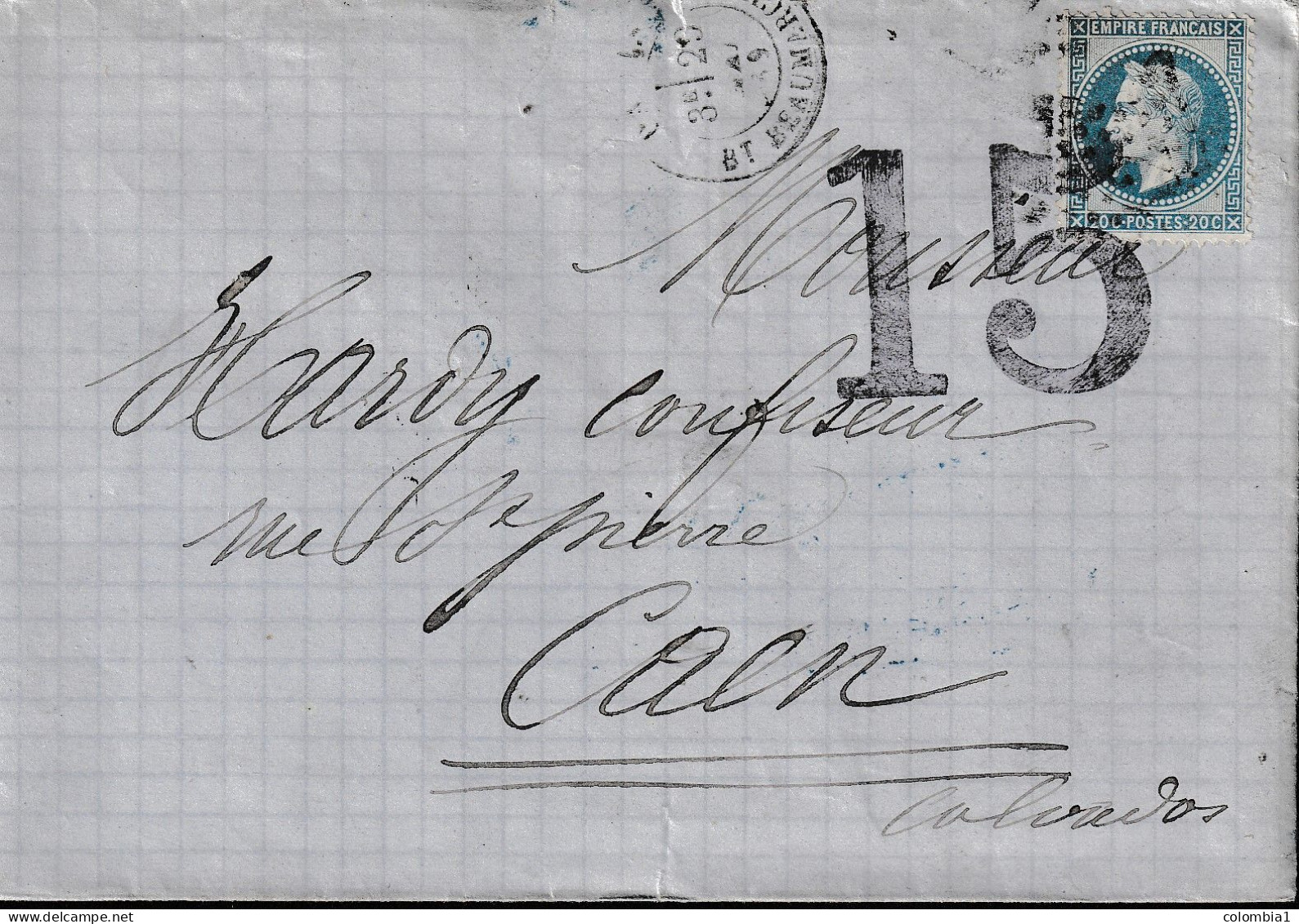 Lettre De PARIS Rue Beaumarchais SURCHARGE 15 Du 23 Mai 1869 Via Caen - 1863-1870 Napoleon III With Laurels