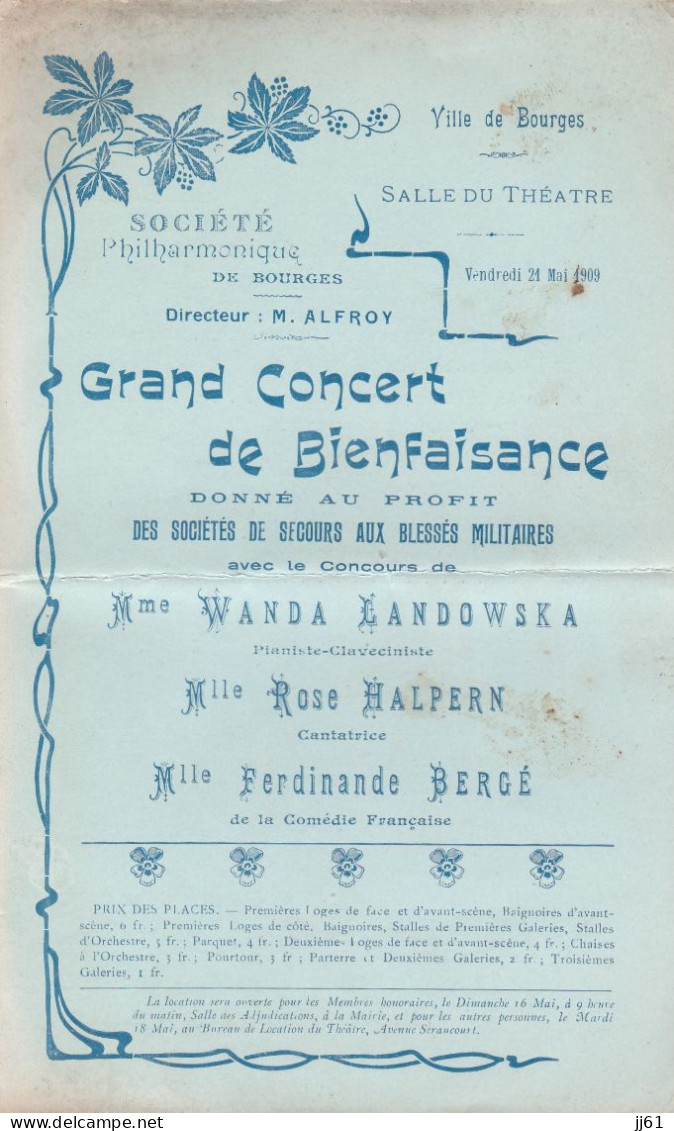 BOURGES PROGRAMME CONCERT AU PROFIT DE SECOURS AUX BLESSES MILITAIRE PIANO ET CLAVECIN PLEYEL ANNEE 1900 10 - Programmes