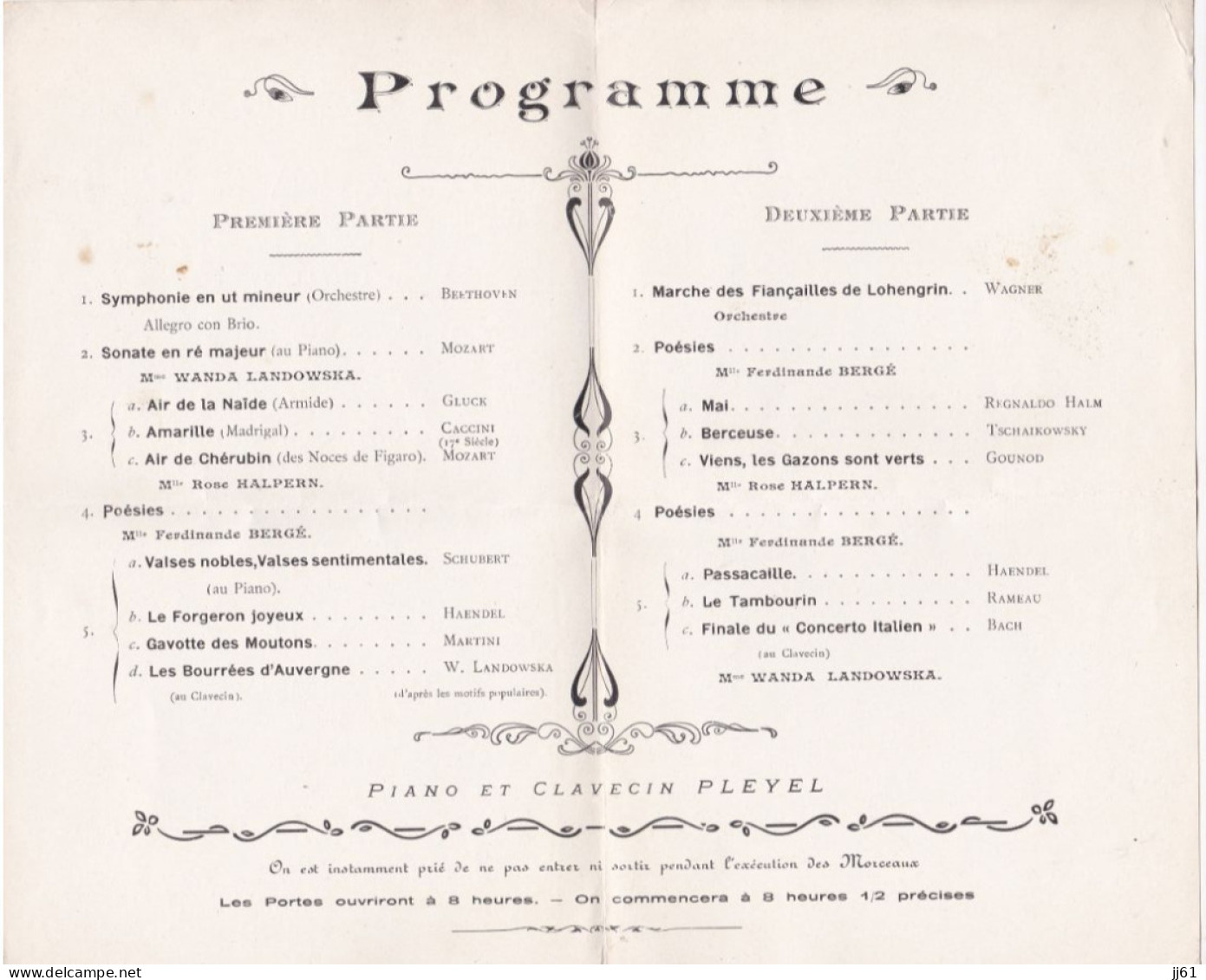 BOURGES PROGRAMME CONCERT AU PROFIT DE SECOURS AUX BLESSES MILITAIRE PIANO ET CLAVECIN PLEYEL ANNEE 1900 10 - Programmes