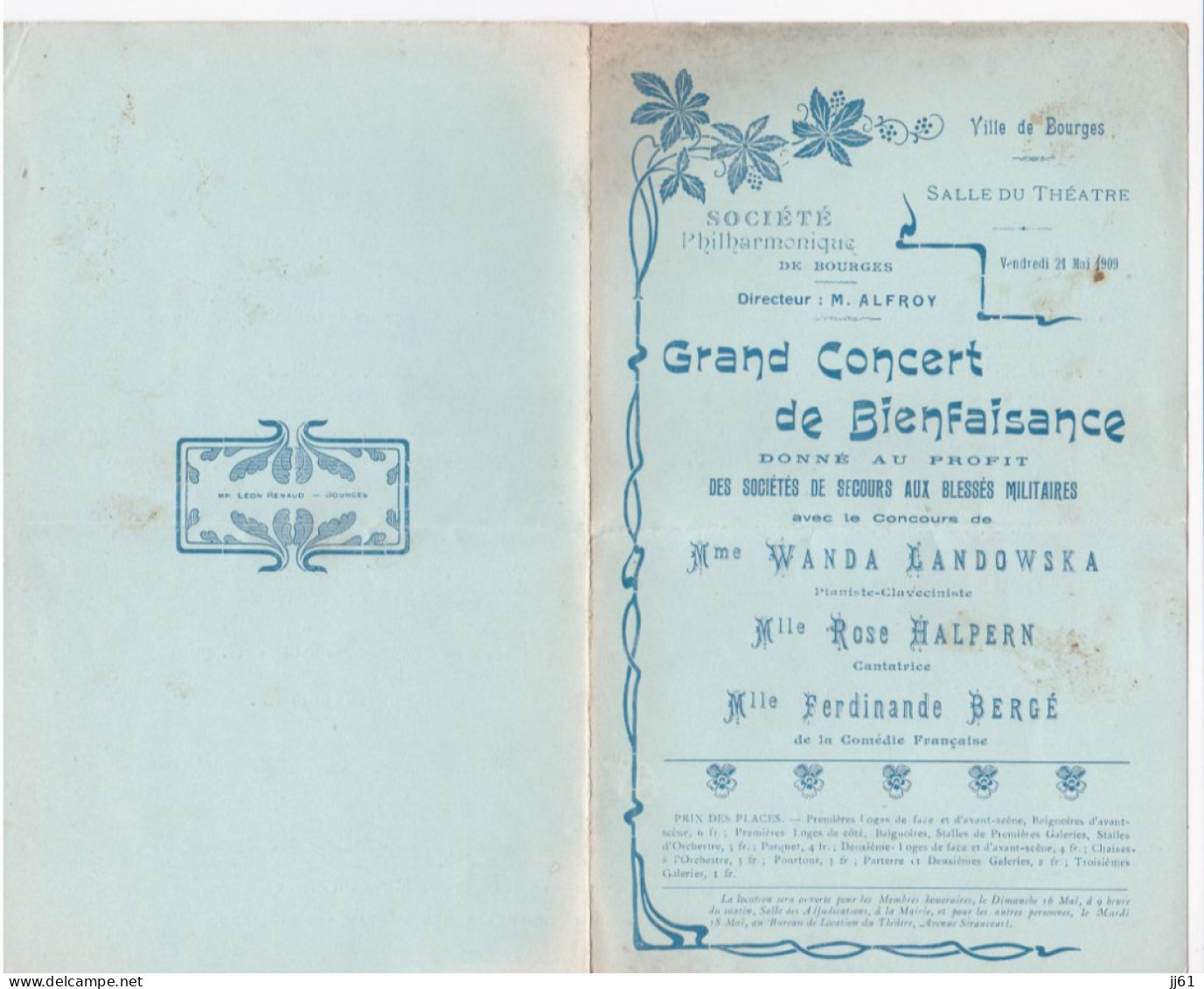 BOURGES PROGRAMME CONCERT AU PROFIT DE SECOURS AUX BLESSES MILITAIRE PIANO ET CLAVECIN PLEYEL ANNEE 1900 10 - Programas