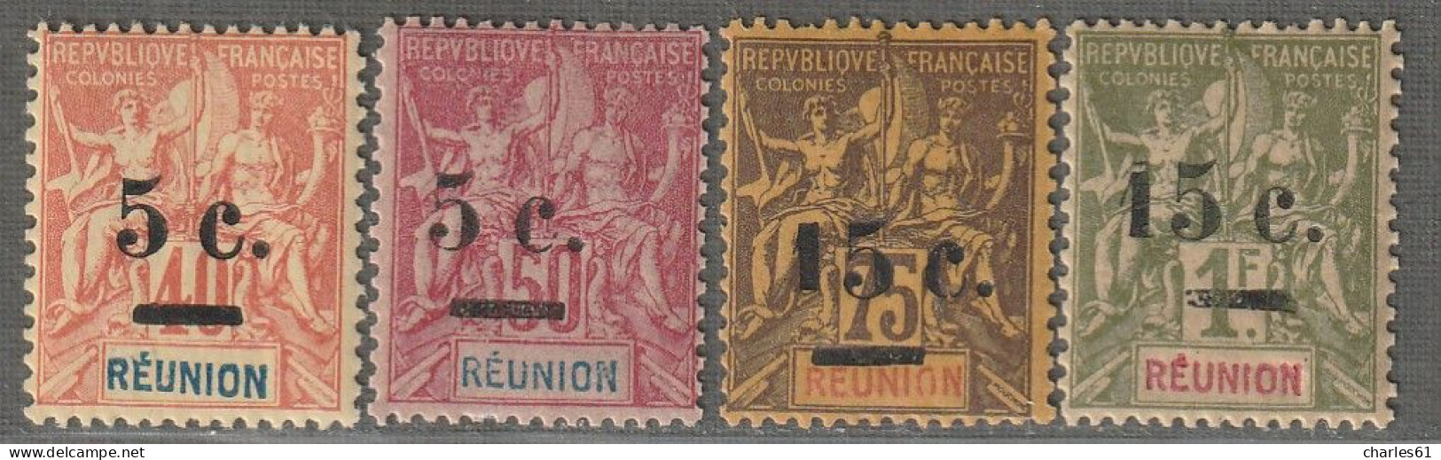 REUNION - N°52/5 **/* (1901) Surchargés - Unused Stamps