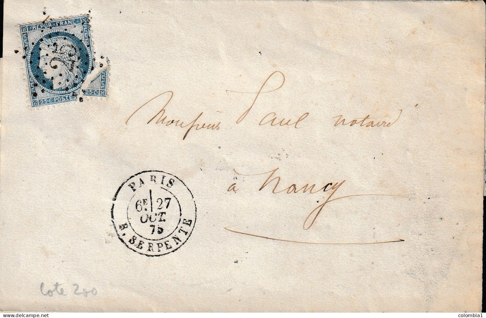 Lettre De PARIS Rue Serpente Du 27 Octobre 1875 (Céres Etoile 25) Via Nancy - 1871-1875 Cérès