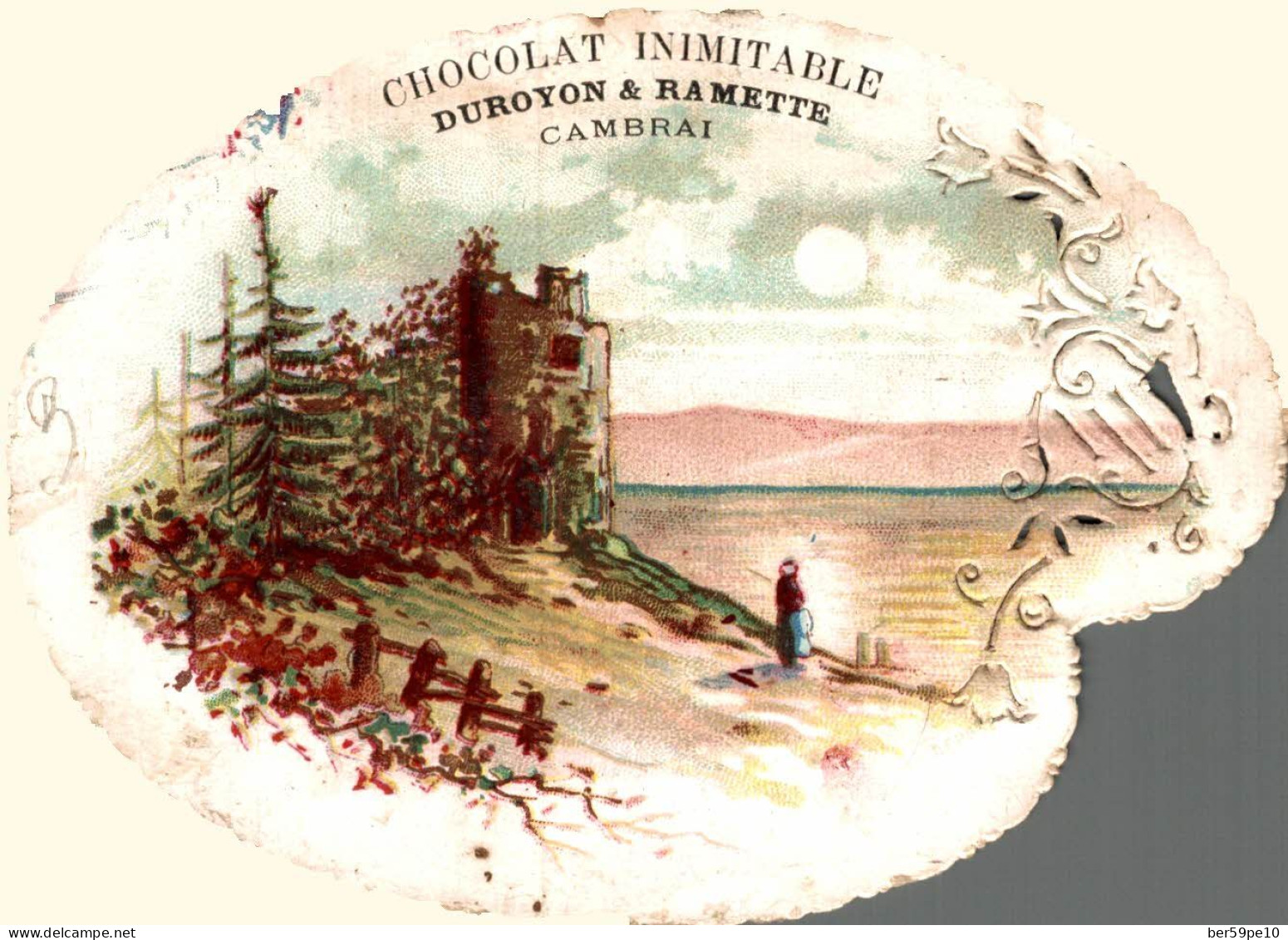 CHROMO DECOUPI CHOCOLAT INIMITABLE DUROYON & RAMETTE CAMBRAI PAYSAGE ENTRE LAC ET MONTAGNES - Autres & Non Classés