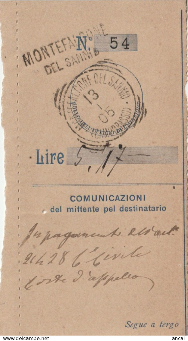 Italy. A201. Montefalcone Del Sannio. 1905. Annullo Tondo Riquadrato + Stampatello Dritto, Su Ricevuta Vaglia. N.C. - Franchise