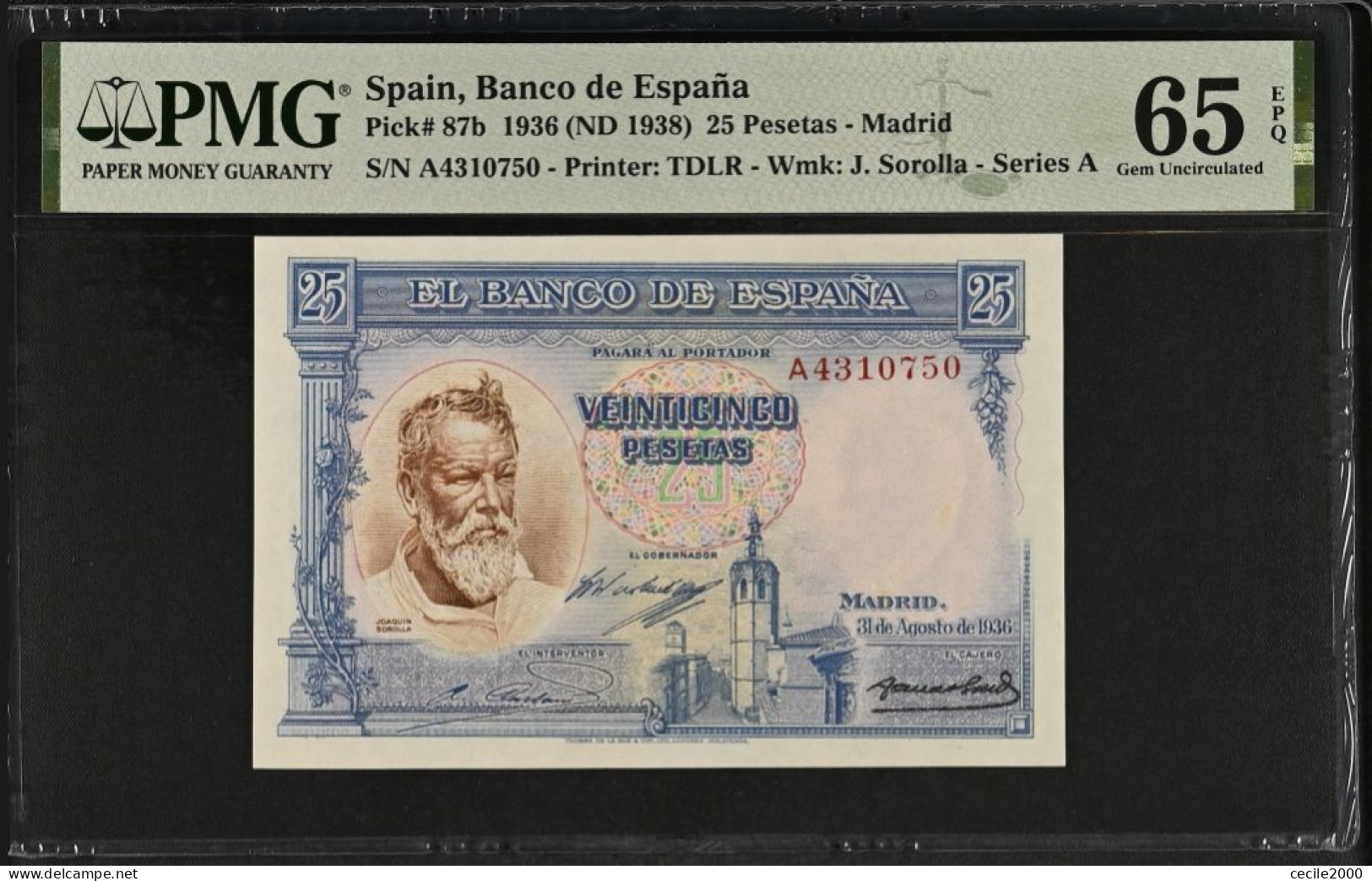 BILLETE 25 PESETAS 1936 PMG 65 GEM UNCIRCULATED UNC SPAIN BANKNOTE  *COMPRAS MULTIPLES CONSULTAR* - 25 Peseten