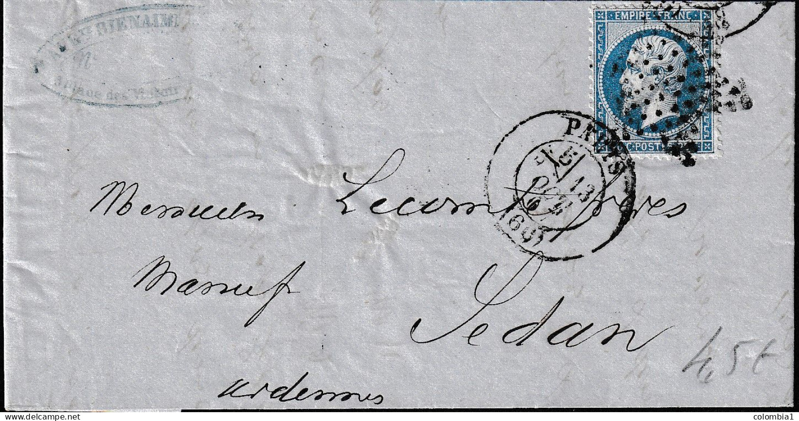 Lettre De PARIS Du 13 Octobre 1867(cachet étoile) Via Sedan - 1863-1870 Napoléon III Lauré