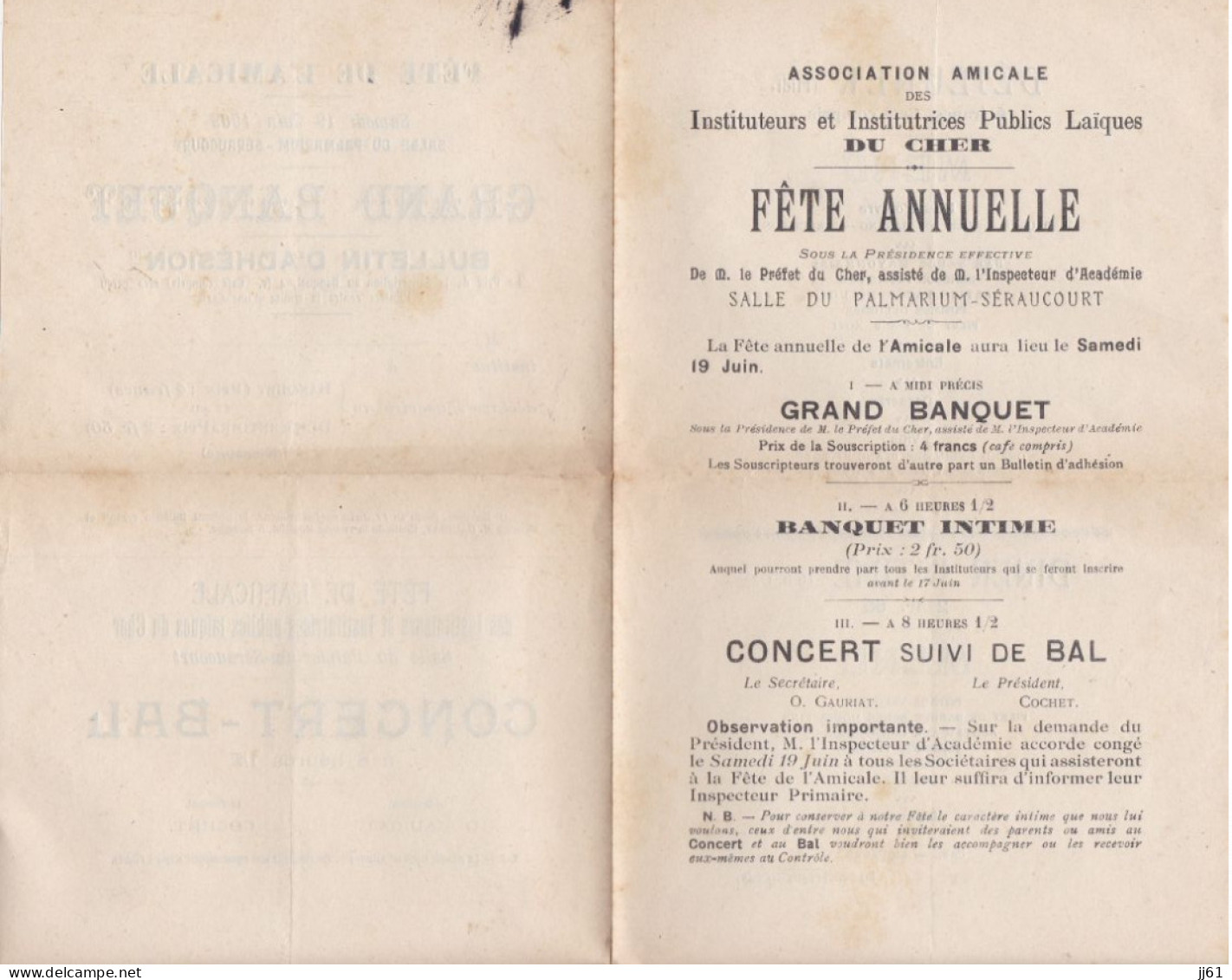 BOURGES FETE ANNUELLE GRAND BANQUET MENU DU DEJEUNER ET DU DINER INTIME BULLETIN D ADHESION ANNEE 1909 - Programmi