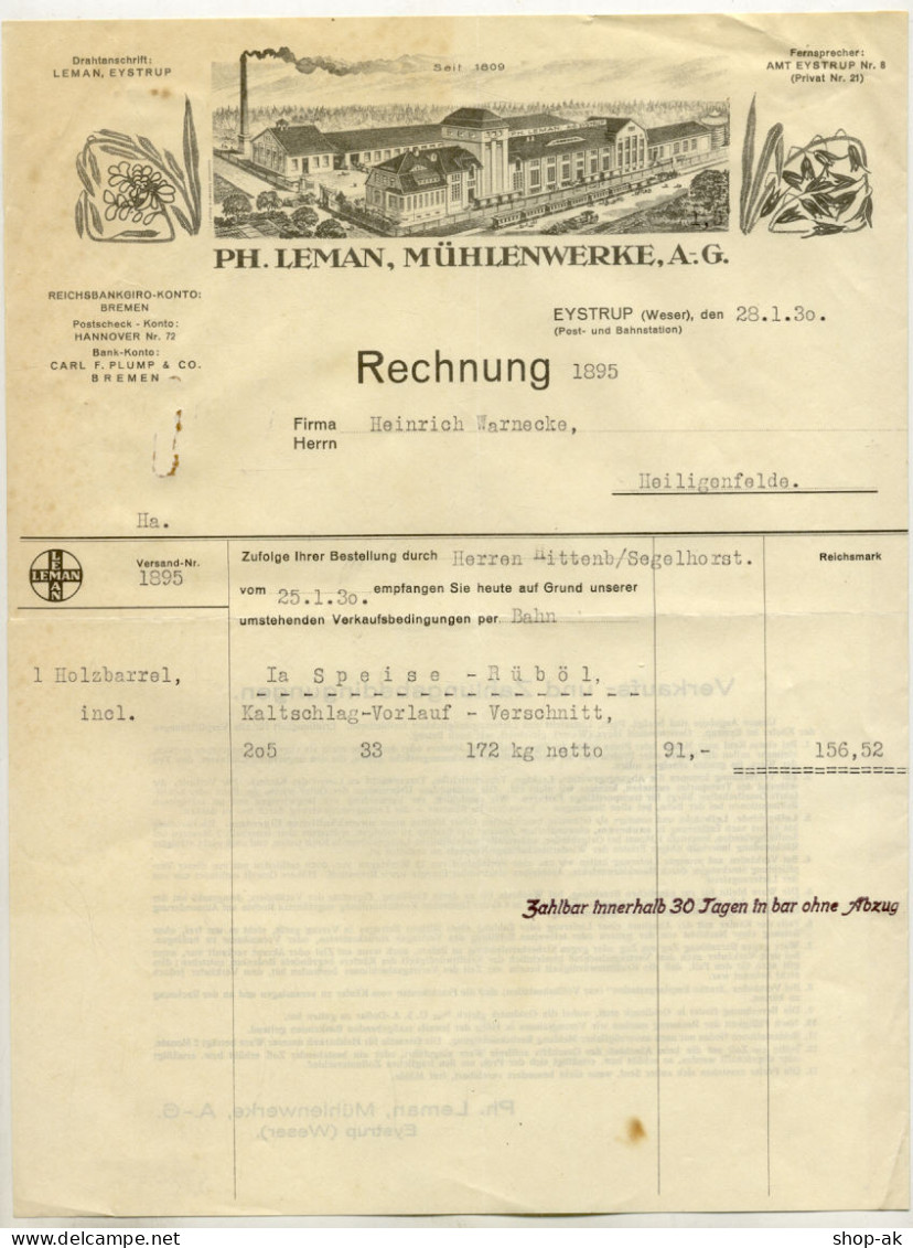 C015/ Rechnung Litho Eystrup Leman Mühlenwerke 1930 - Autres & Non Classés