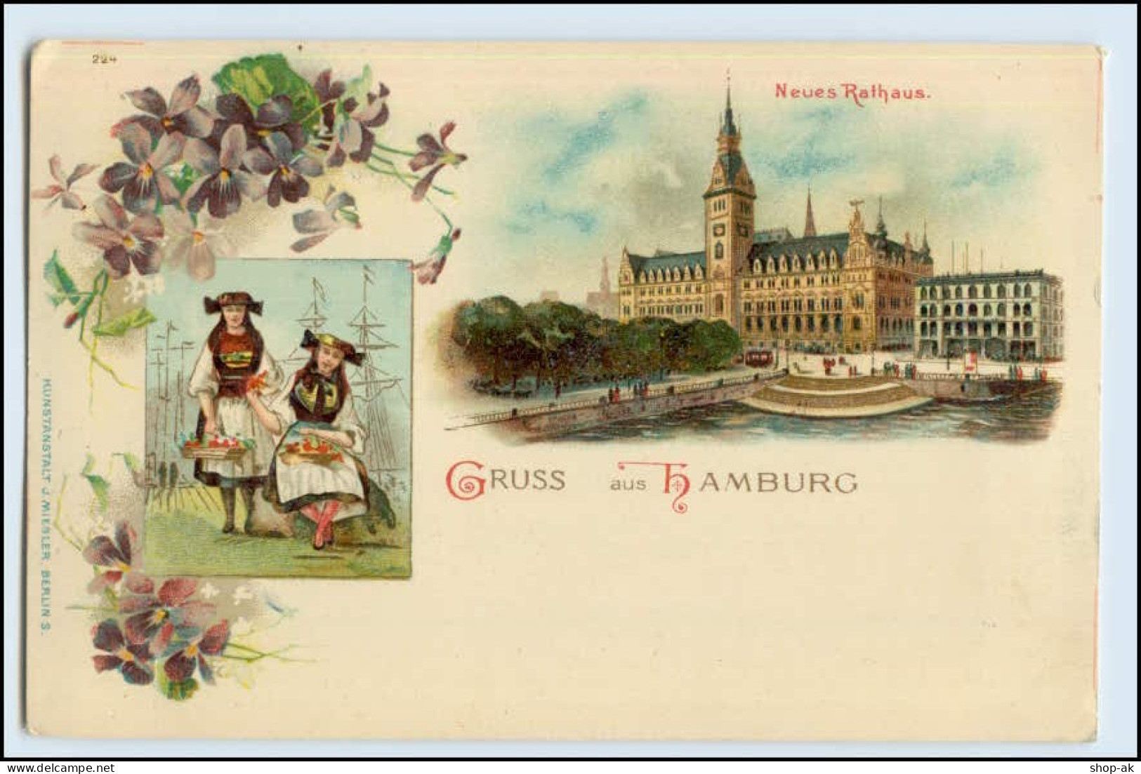 W5A84/ Gruß Aus Hamburg Litho AK Rathaus Vierländerinnen Ca.1898 - Mitte