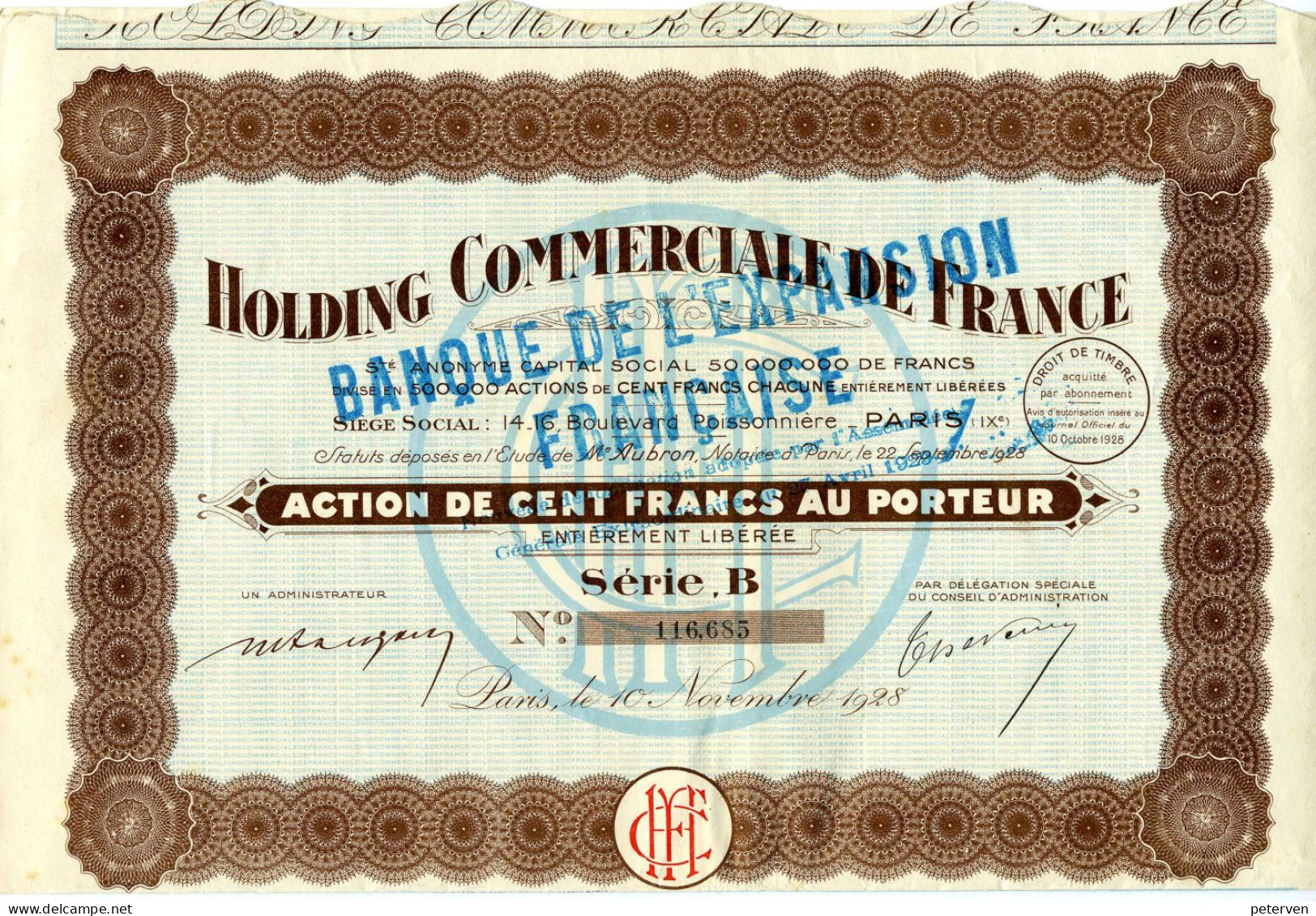 HOLDING COMMERCIAL De FRANCE - BANQUE De L'EXPANSION FRANCAISE - Banco & Caja De Ahorros