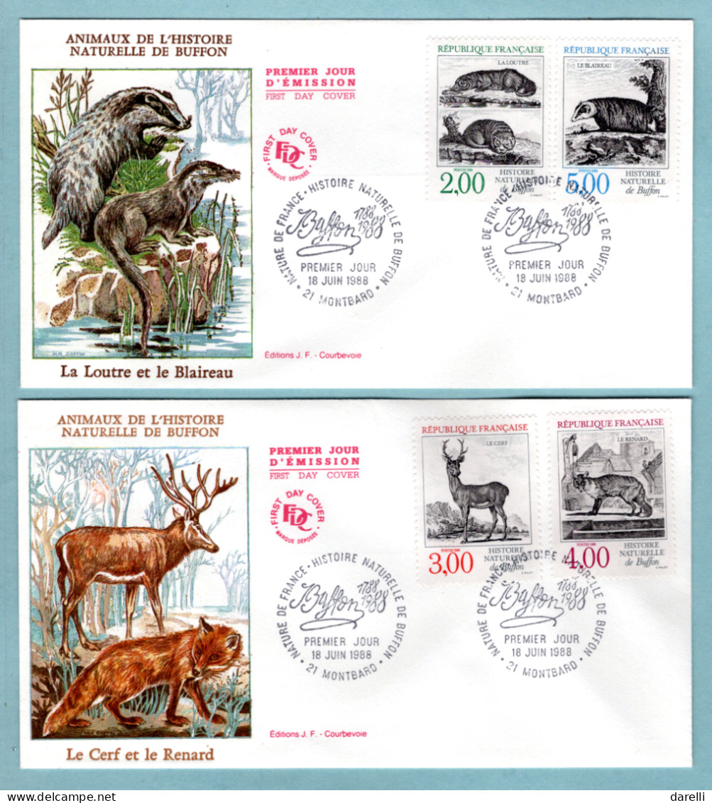 FDC France 1988 - Histoire Naturelle De Buffon - La Loutre, Le Cerf, Le Renard, Le Blaireau - YT 2539/2542 - 21 Montbard - 1980-1989