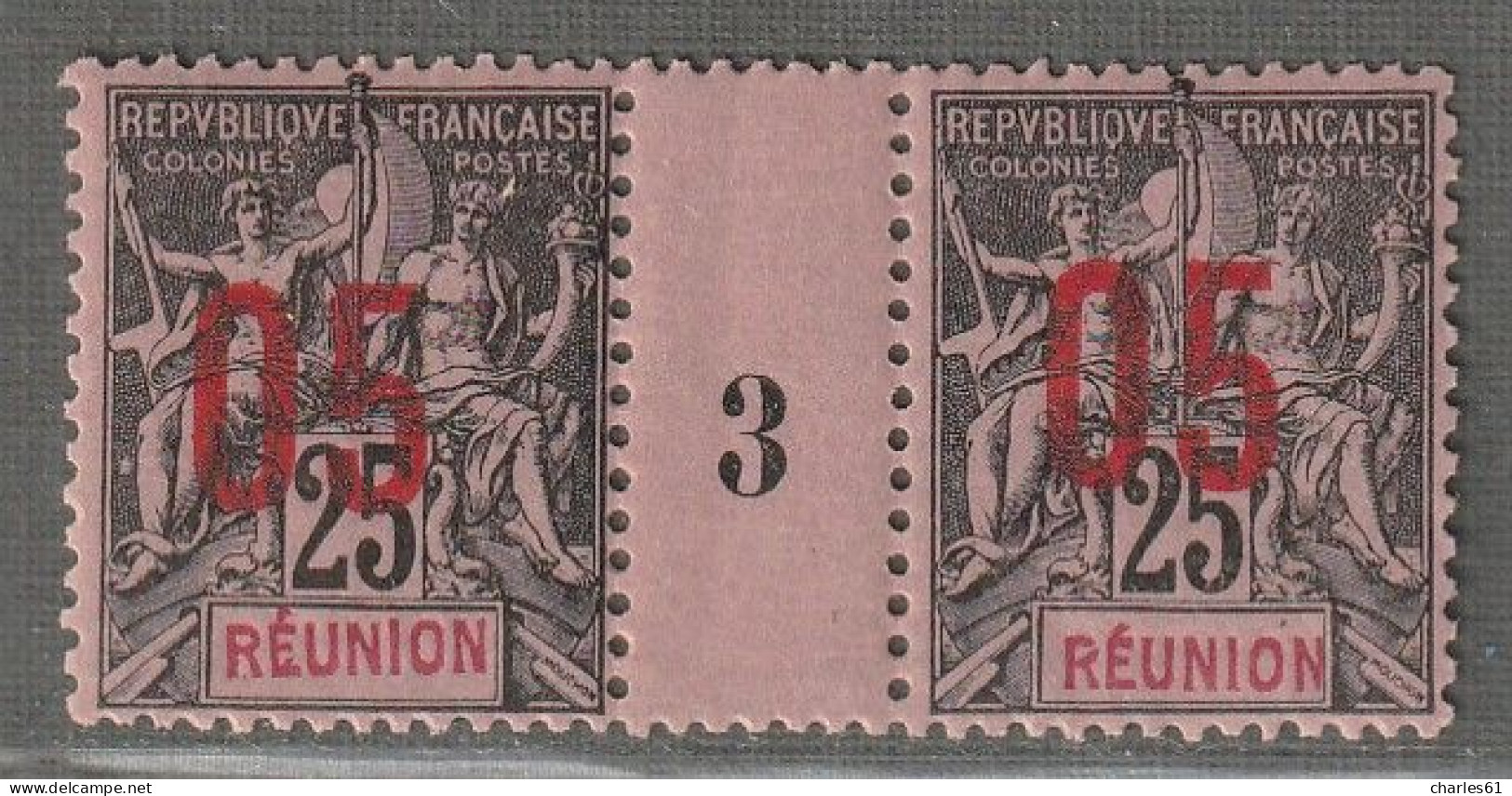 REUNION - MILLESIMES : N°75 ** (1893) 05 Sur 25c - Unused Stamps