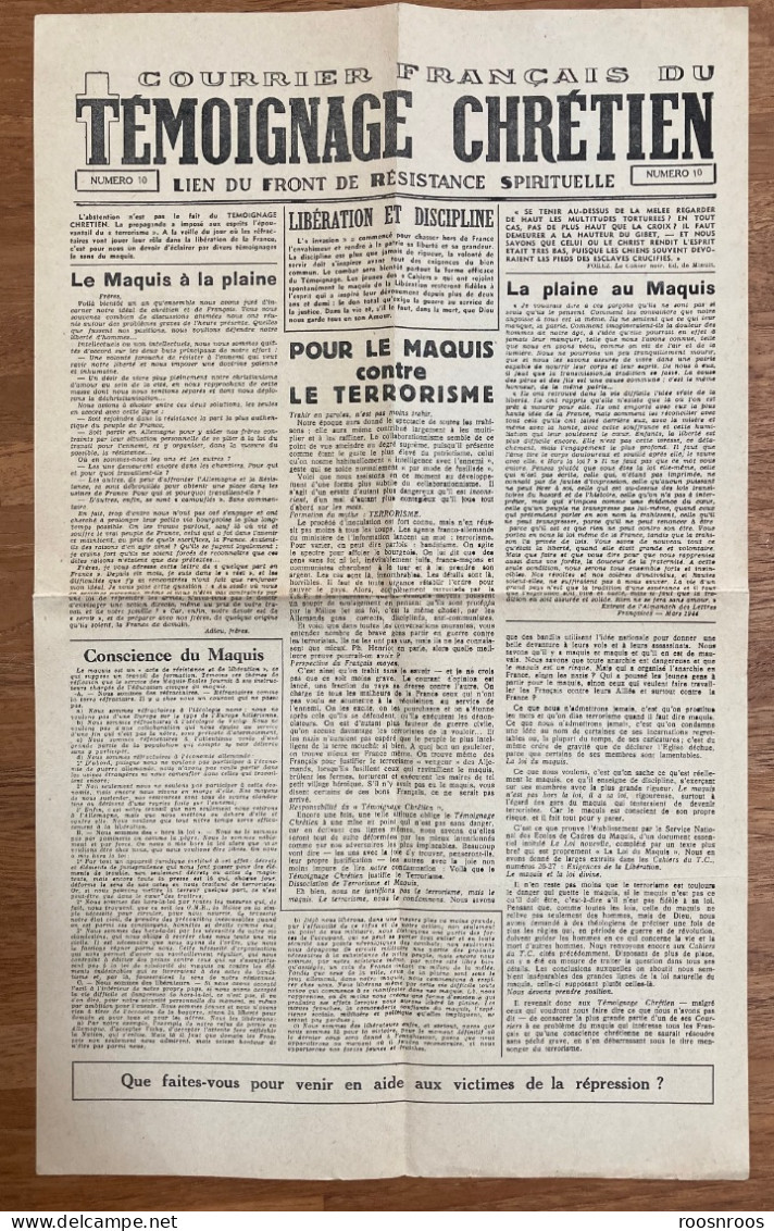 COURRIER DU TEMOIGNAGE CHRETIEN  N° 10 - PRESSE CLANDESTINE DURANT L'OCCUPATION ALLEMANDE -1944 - WW2 - 1939-45