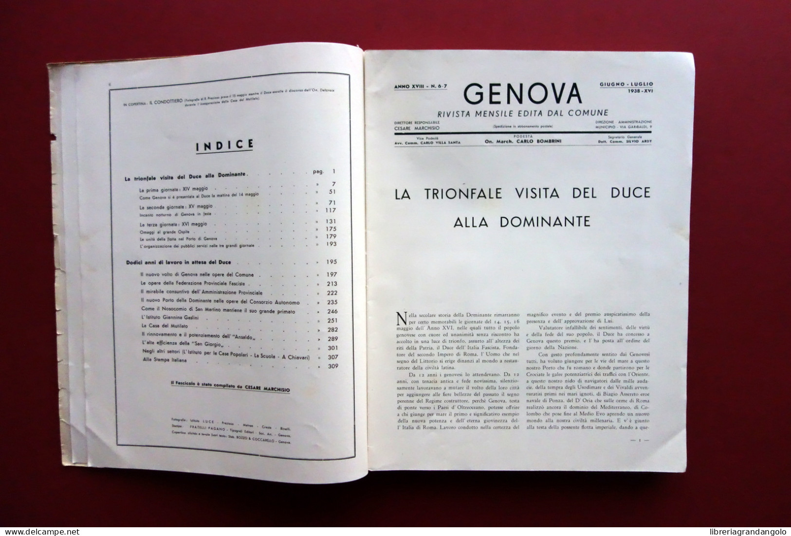 Genova Rivista Municipale Giugno-Luglio 1938 Monografico Visita Di Mussolini - Non Classés