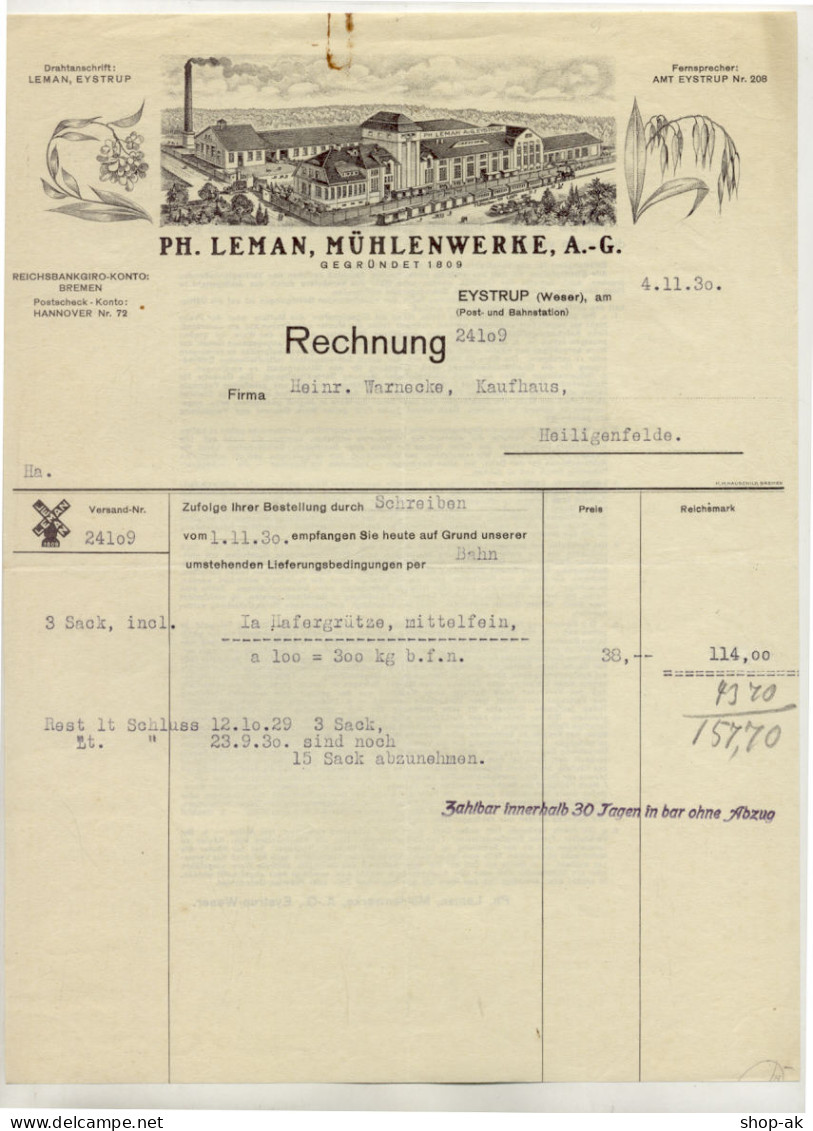 C487/ Rechnung Ph. Lehman Mühlenwerke  Eystrup (Weser) 1930 - Sonstige & Ohne Zuordnung