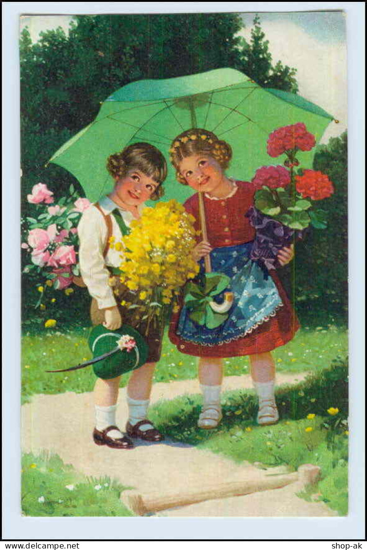 W6H68/ Kinder Mit Blumen Und Schirm Schöne AK Ca.1925 - Autres & Non Classés