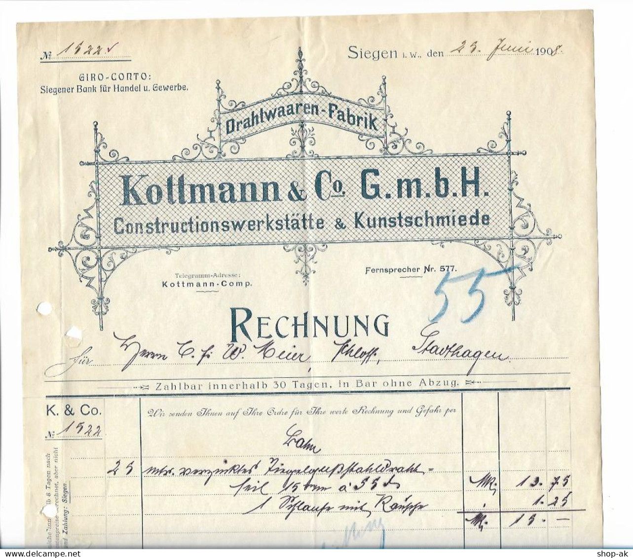 C5129/ Rechnung Kottmann & Co. Kunstschmiede In Siegen  1908 - Otros & Sin Clasificación