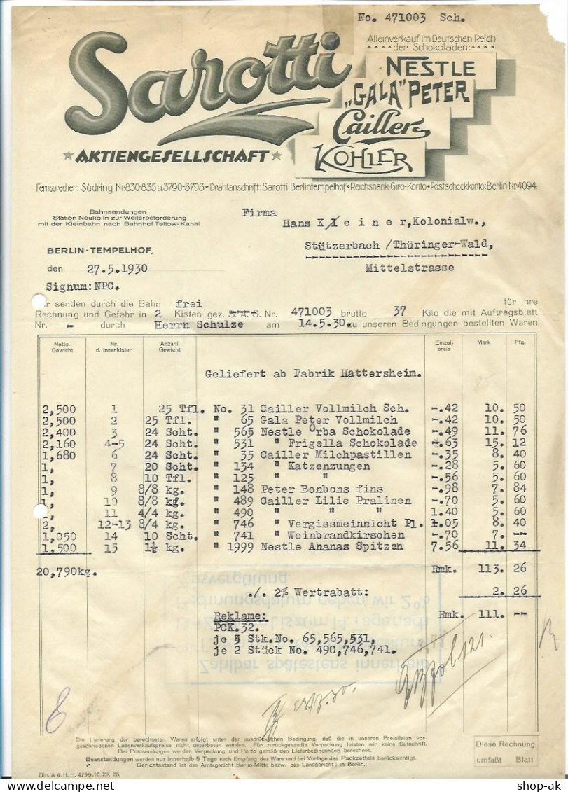 C5130/ Rechnung Sarotti AG Nestle, Caillier, Kohler  Berlin Tempelhof 1930 - Otros & Sin Clasificación