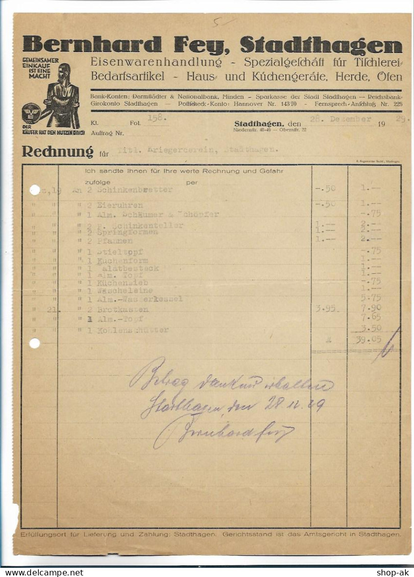 C5131/ Rechnung Bernhard Fey, Stadthagen Eisenwarengroßhandlung 1929 - Andere & Zonder Classificatie