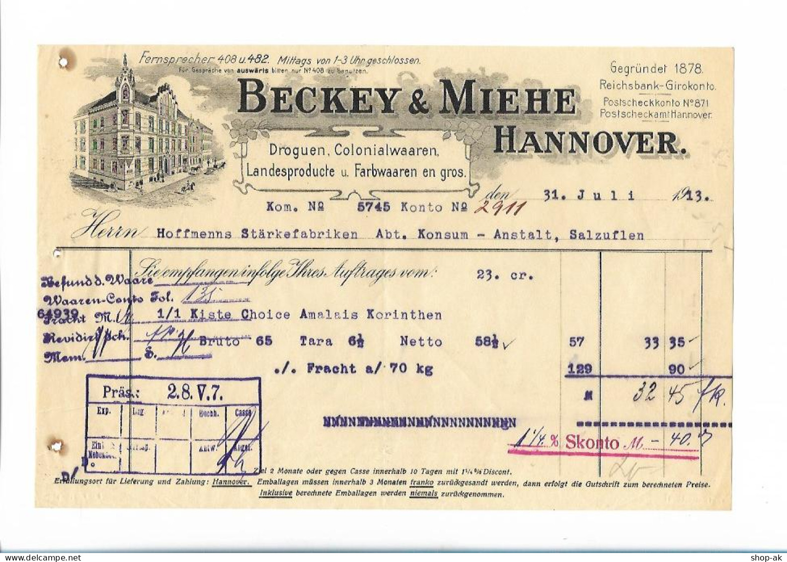 C5136/ Rechnung Beckey & Miehe, Hannover Droguen, Colonialwaren 1913 - Andere & Zonder Classificatie